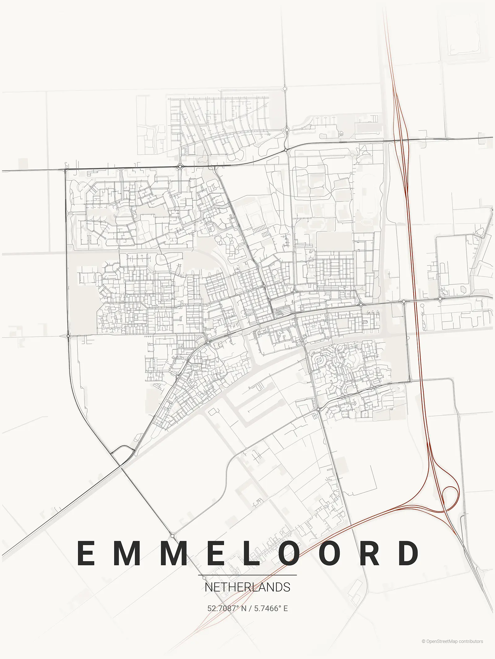 Stylized map poster of Emmeloord in Japanese ink style
