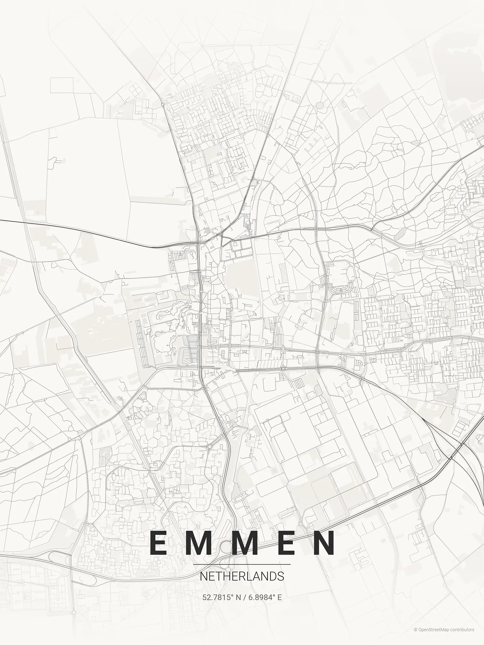 Póster de mapa estilizado de Emmen en estilo tinta japonesa