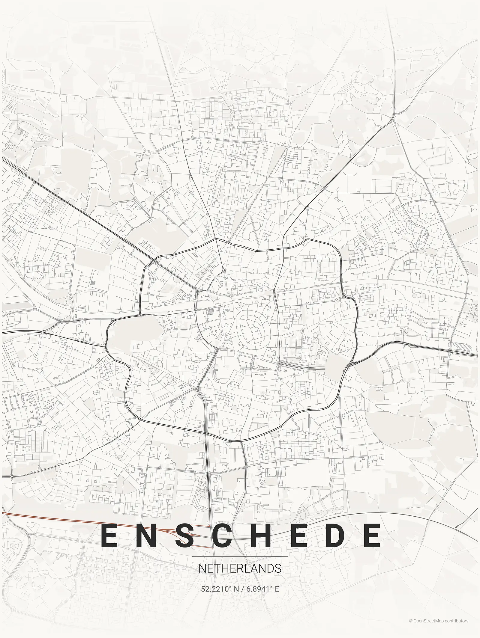 Stylized map poster of Enschede in Japanese ink style