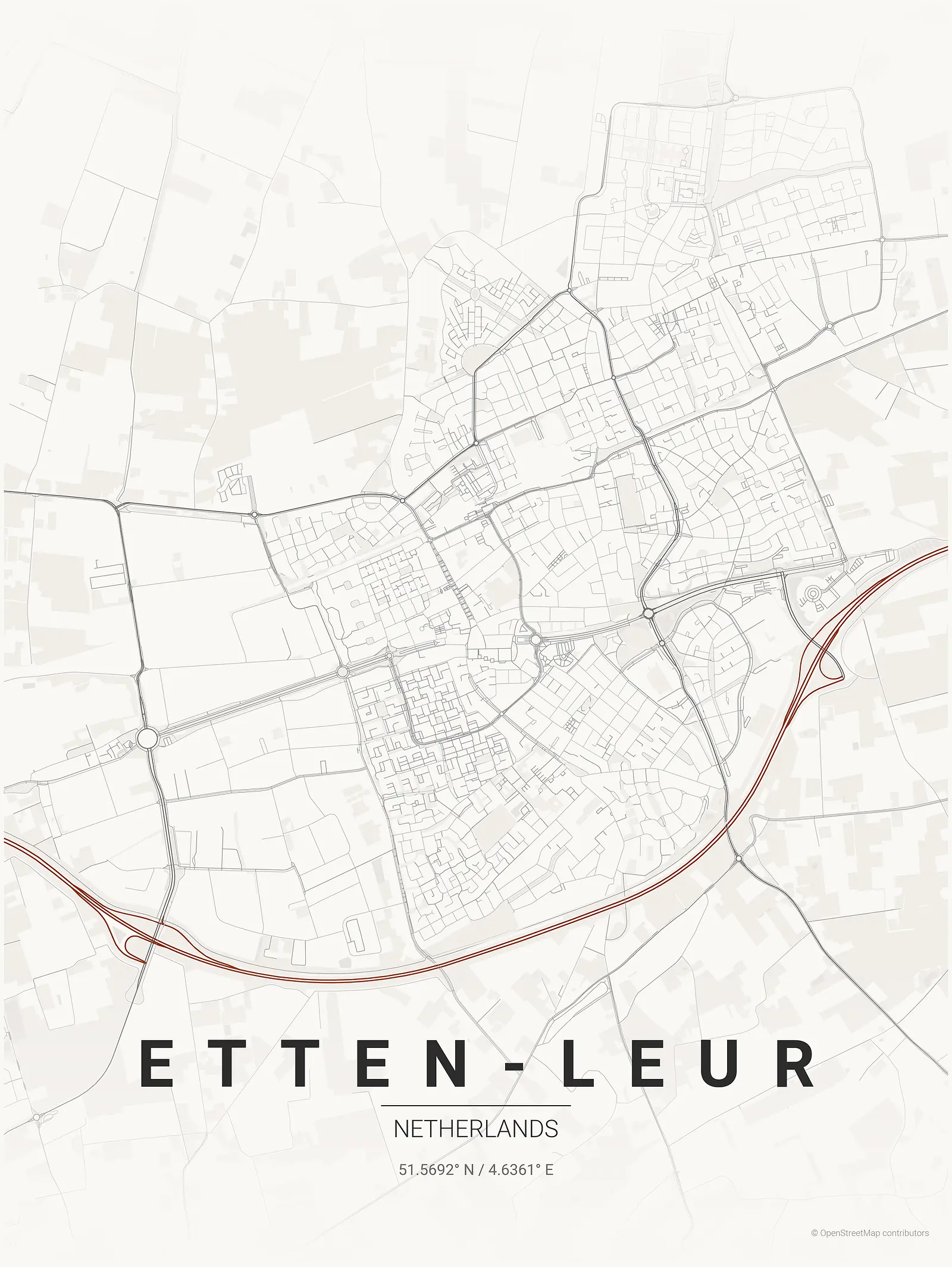 Stylized map poster of Etten-Leur in Japanese ink style
