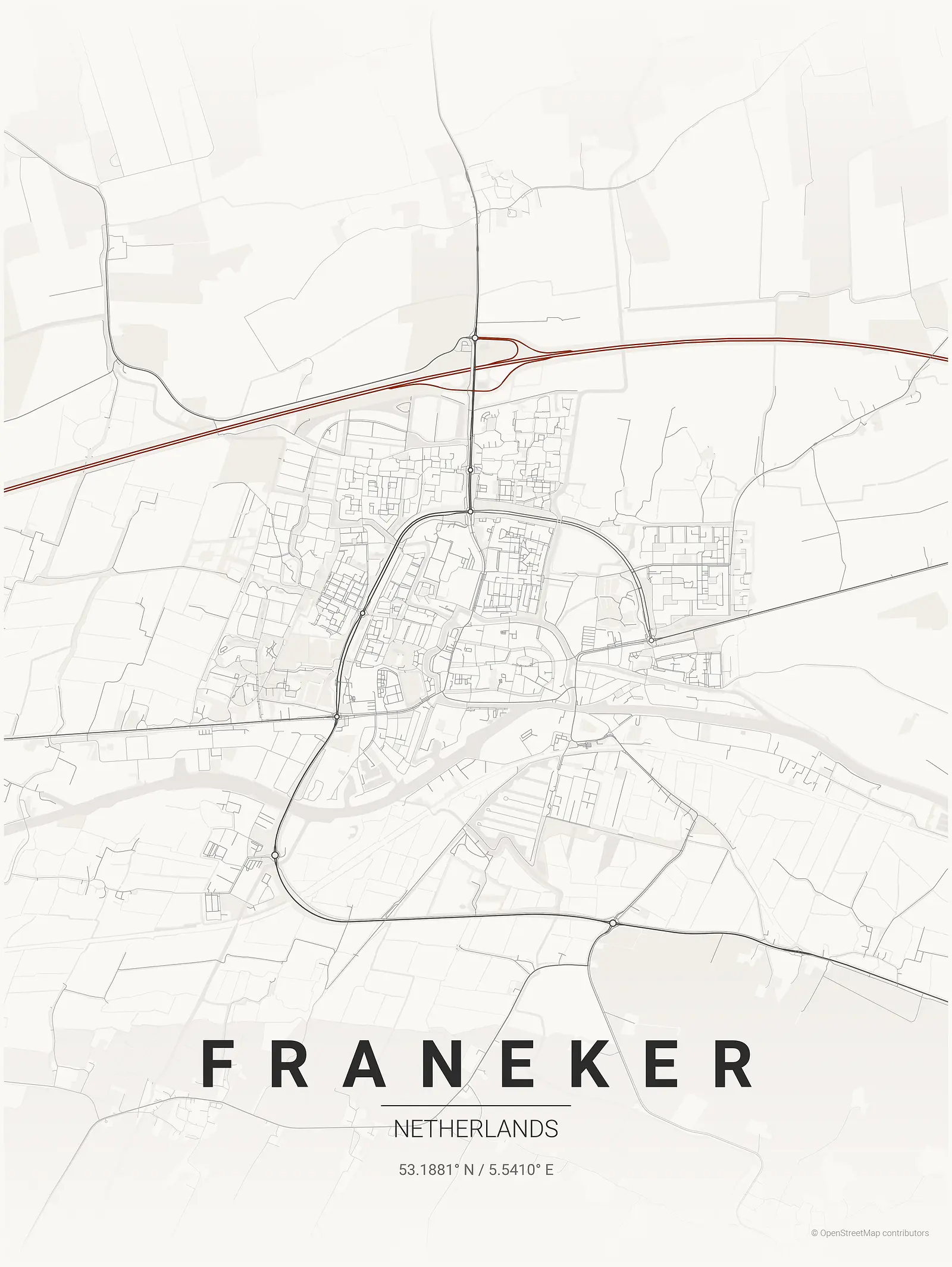 Póster de mapa estilizado de Franeker en estilo tinta japonesa