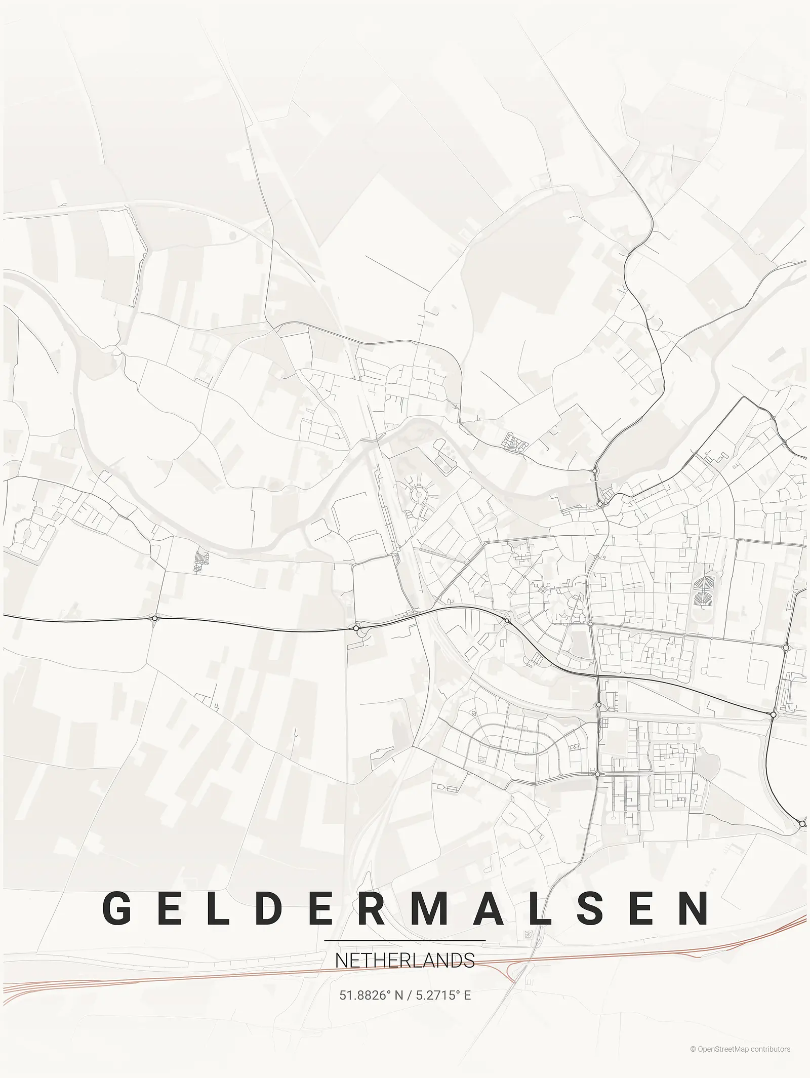 Stylized kaart poster of Geldermalsen in Japanese ink style