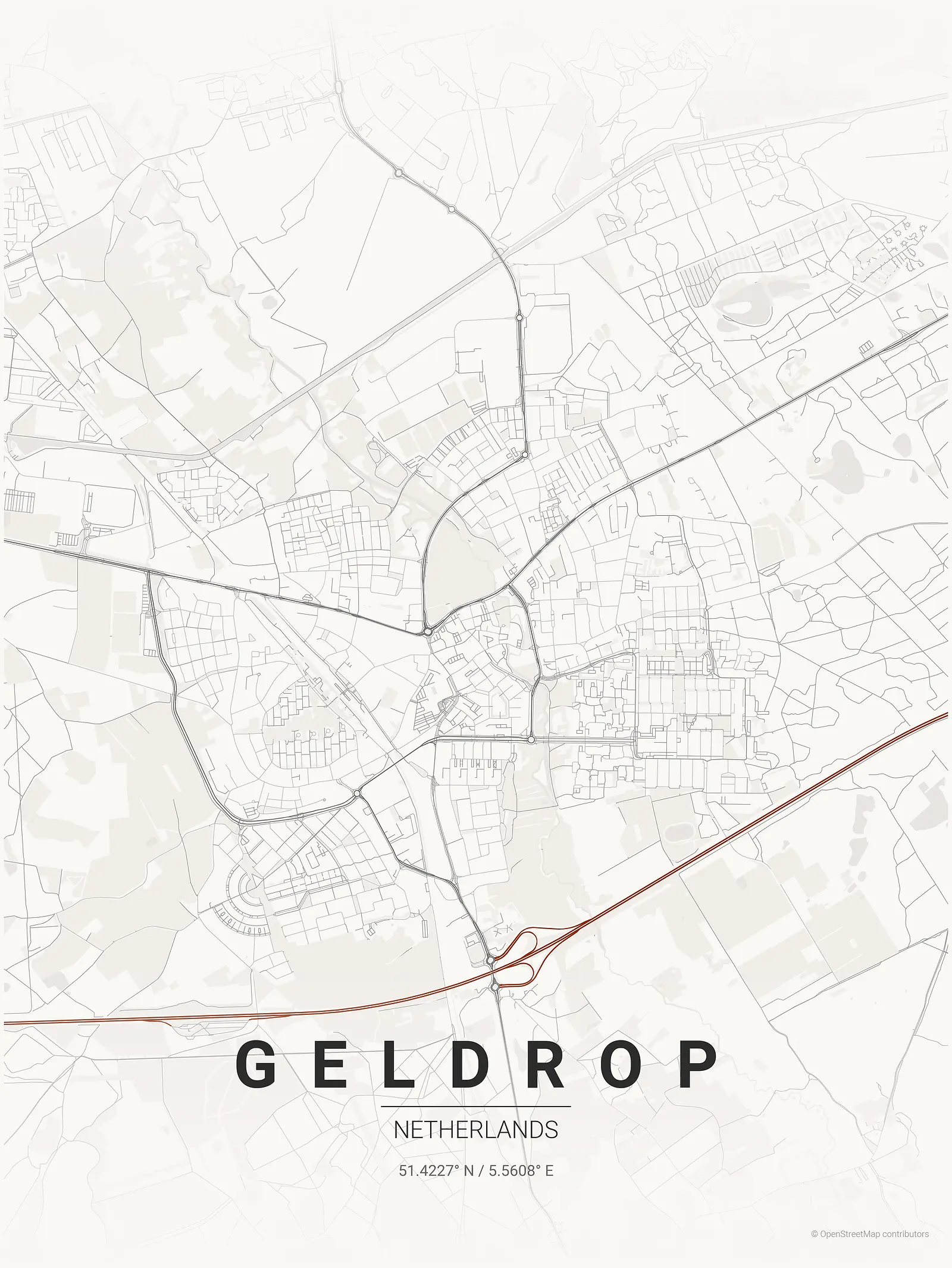 Póster de mapa estilizado de Geldrop en estilo tinta japonesa