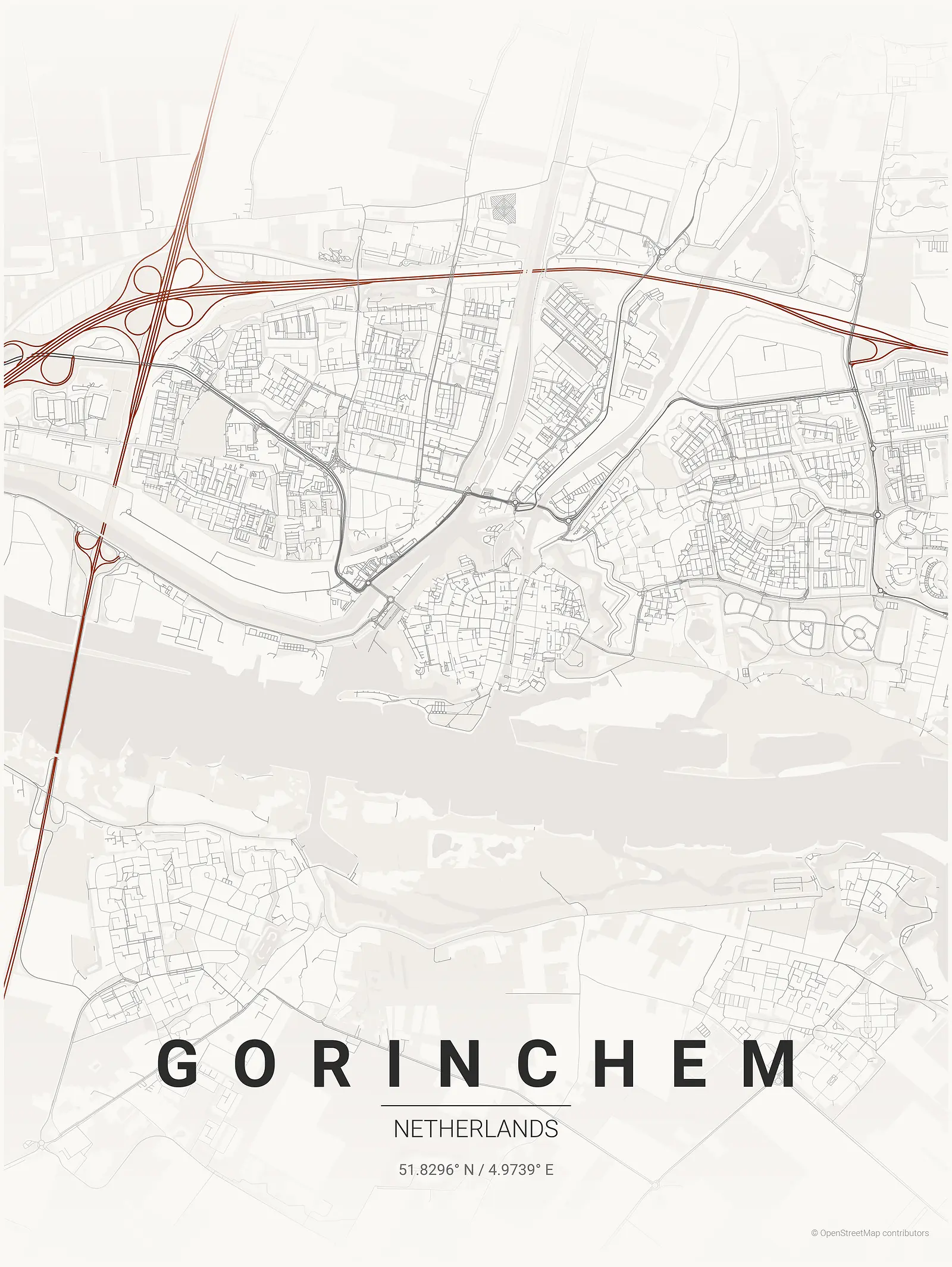 Stylized kaart poster of Gorinchem in Japanese ink style