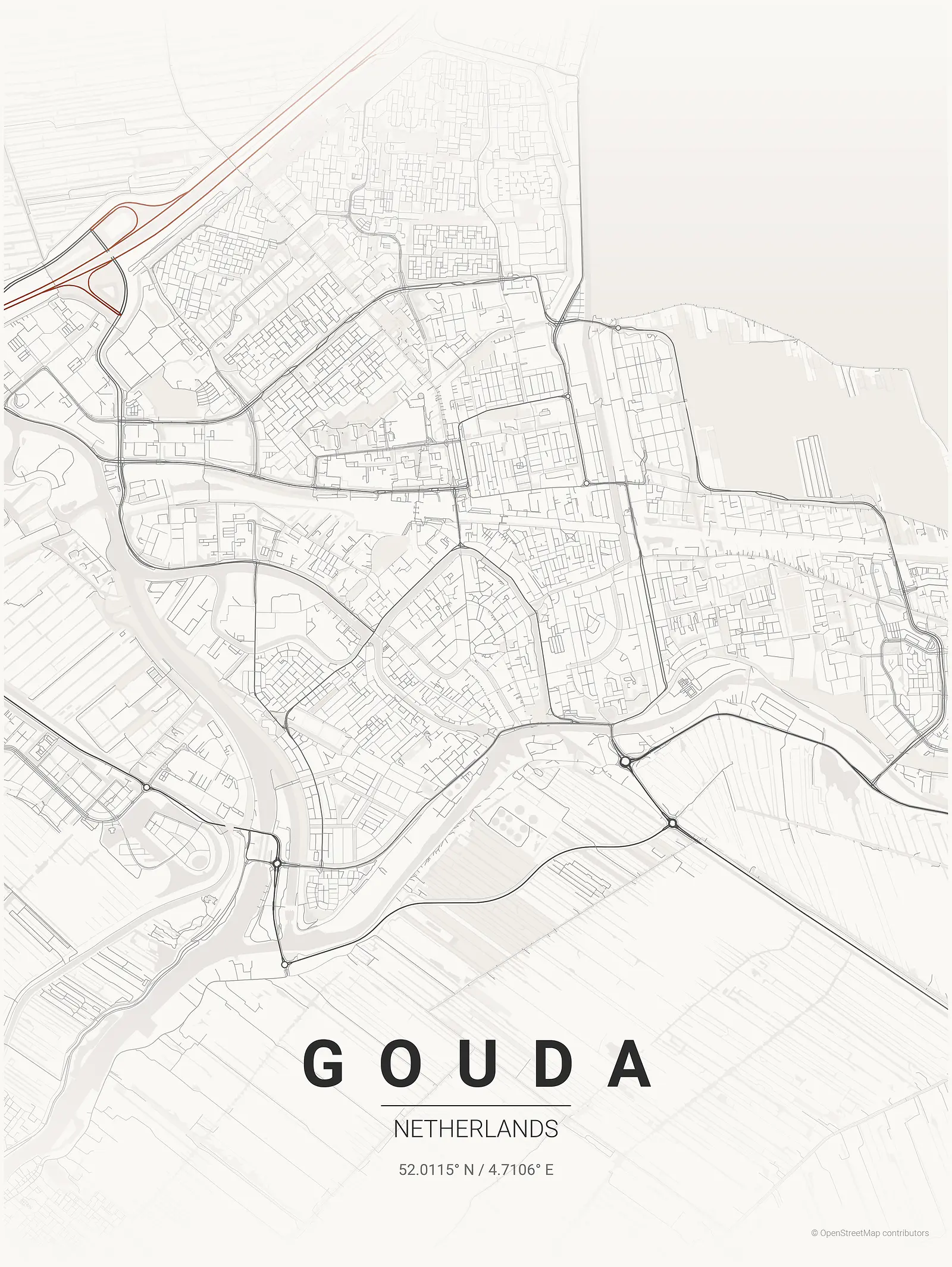 Stylized kaart poster of Gouda in Japanese ink style