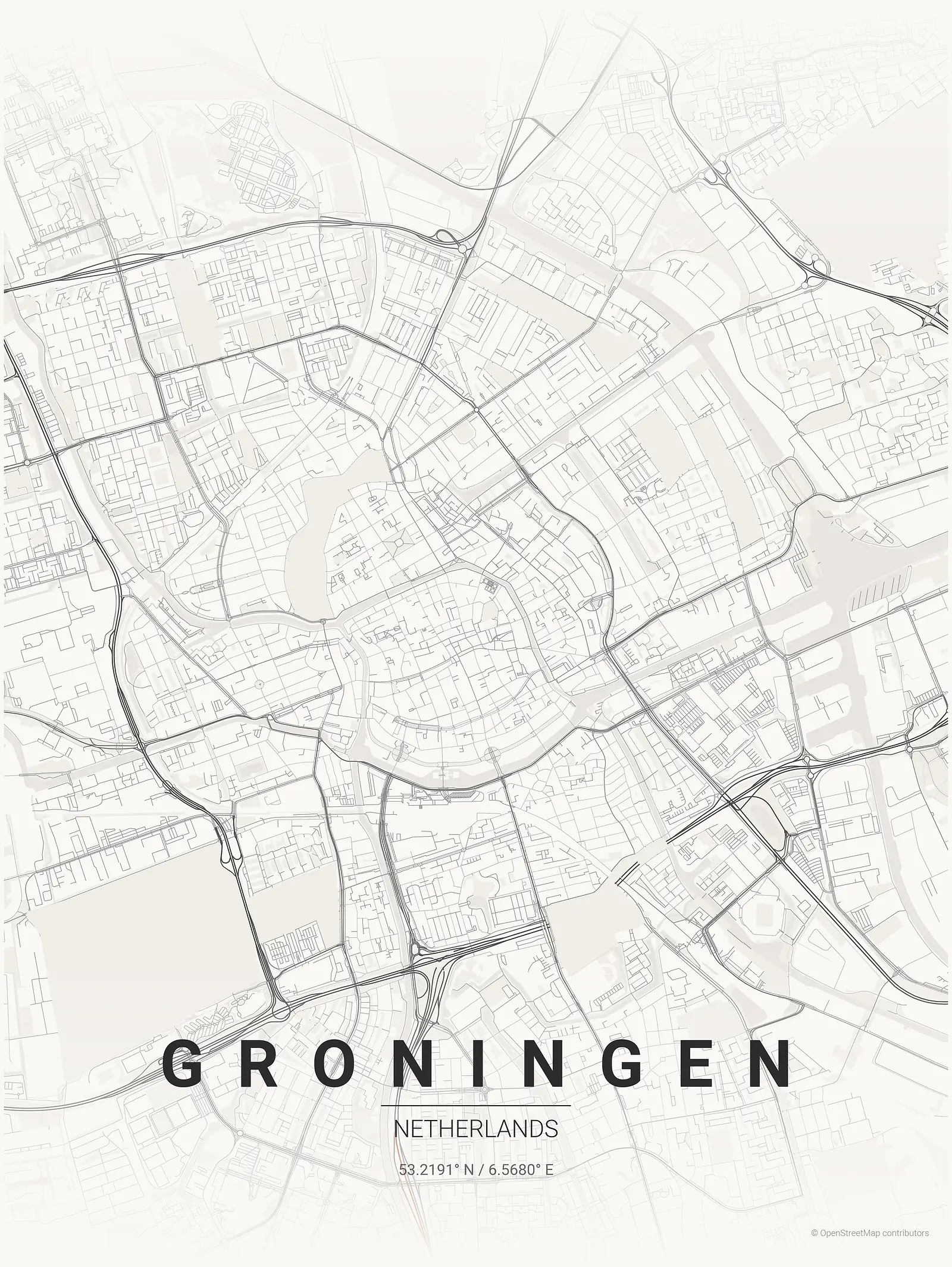 Stylized map poster of Groningen in Japanese ink style