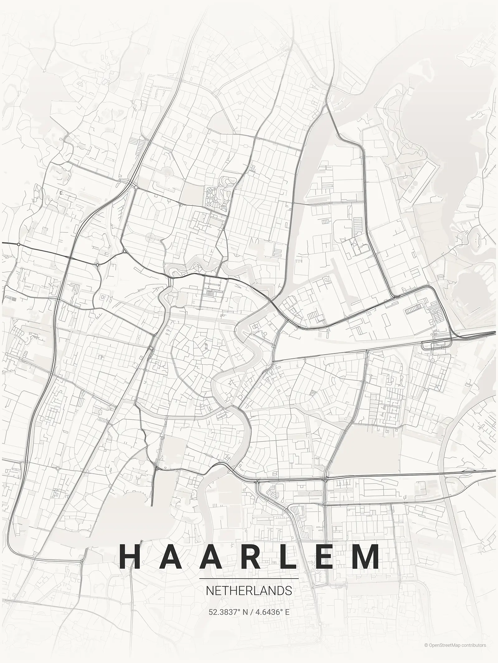 Stylized map poster of Haarlem in Japanese ink style