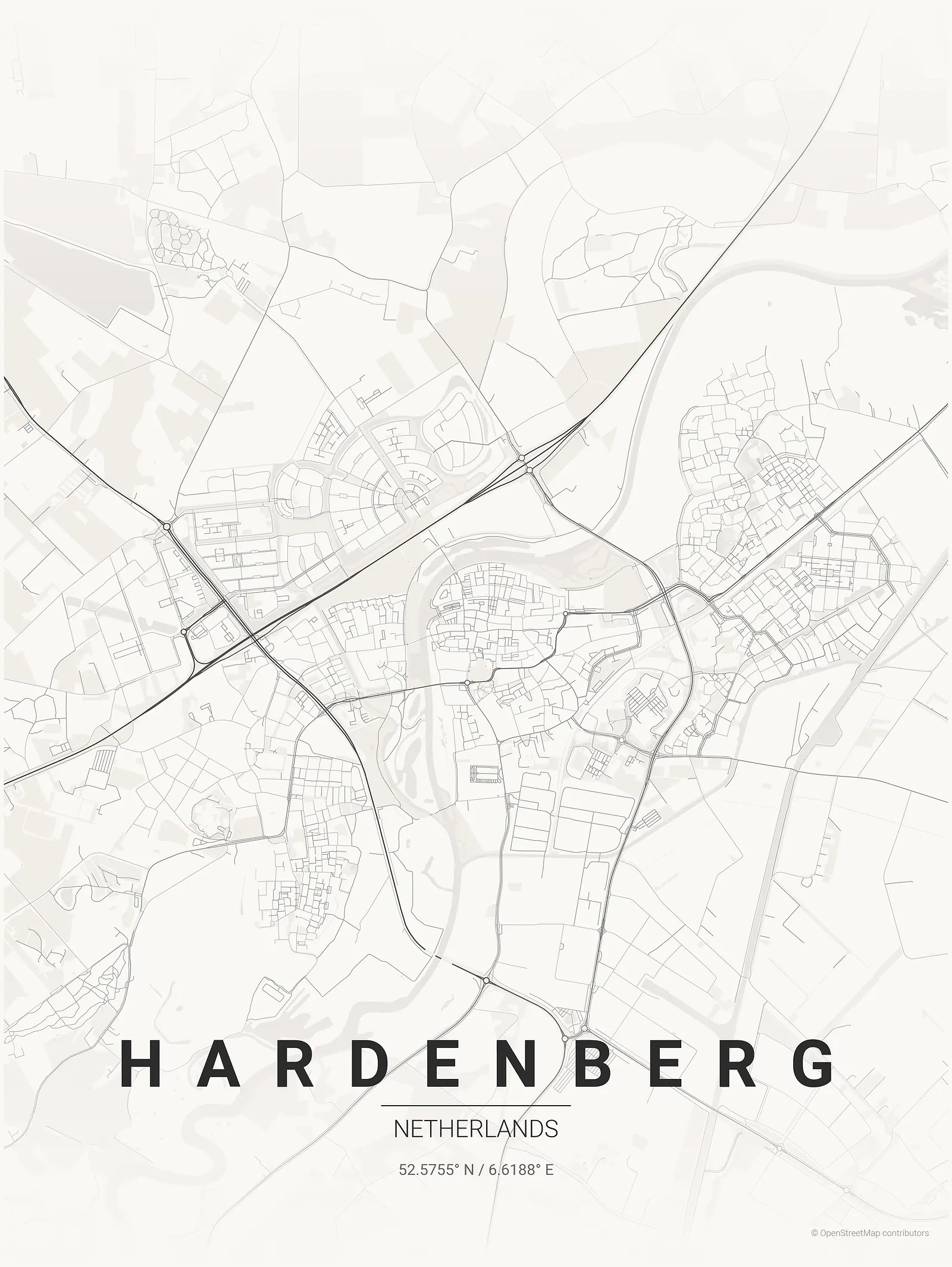 Stylized map poster of Hardenberg in Japanese ink style