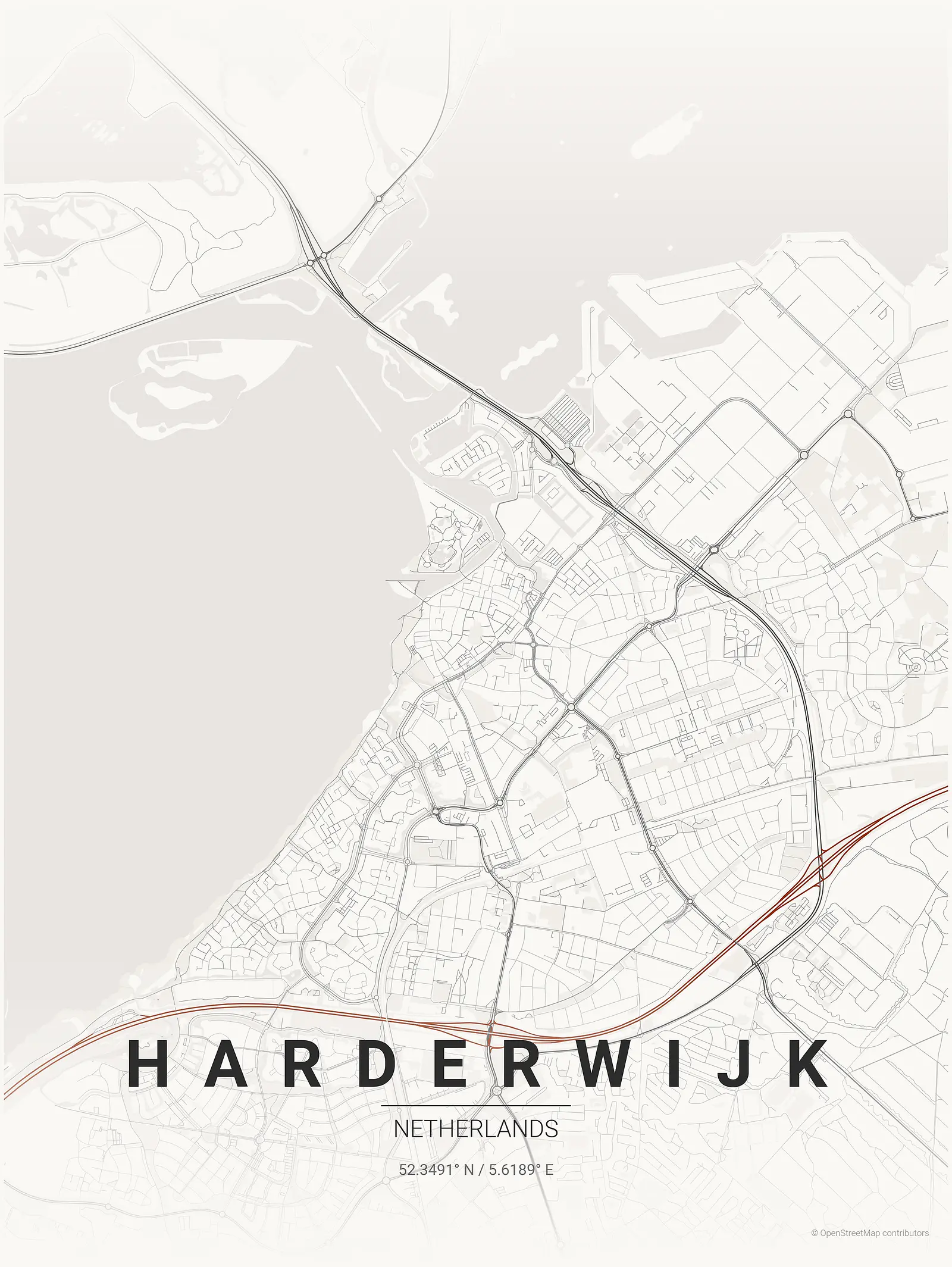 Póster de mapa estilizado de Harderwijk en estilo tinta japonesa