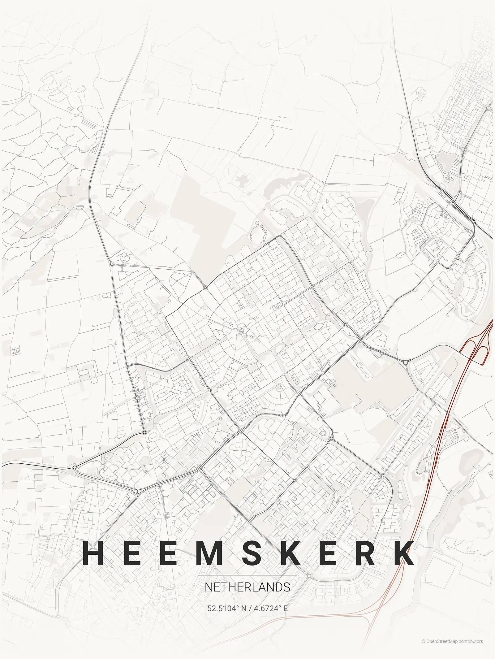 Stylized map poster of Heemskerk in Japanese ink style