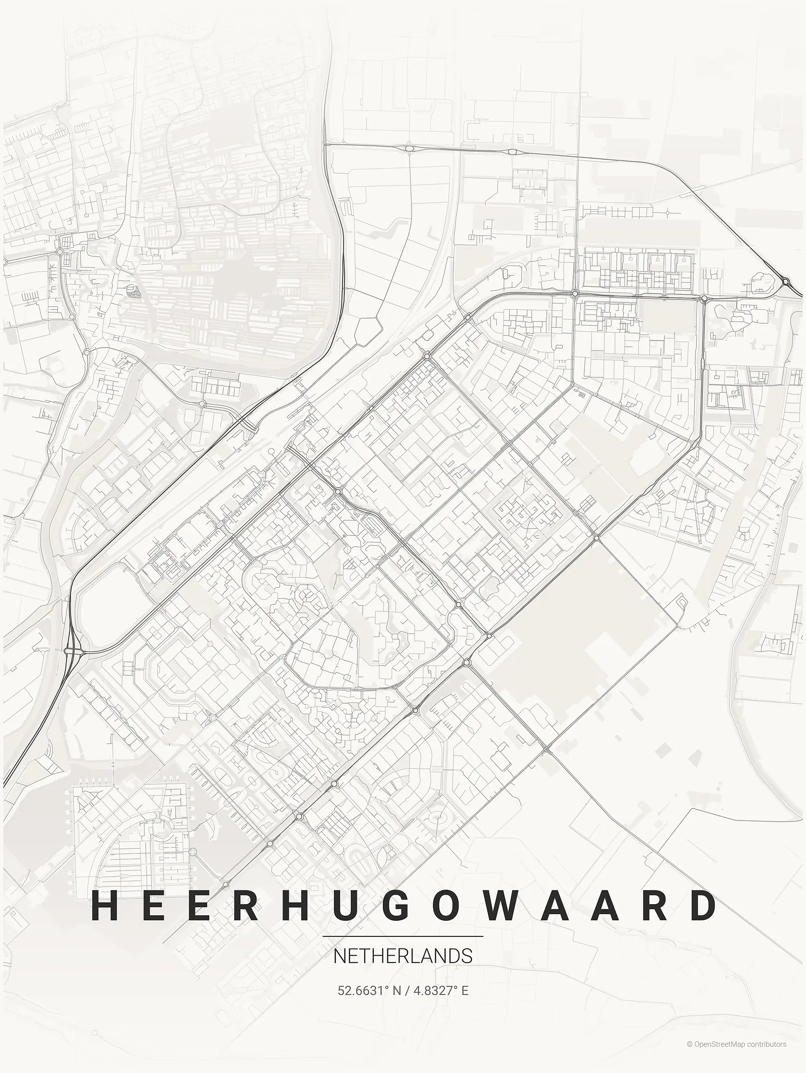 Stylized kaart poster of Heerhugowaard in Japanese ink style