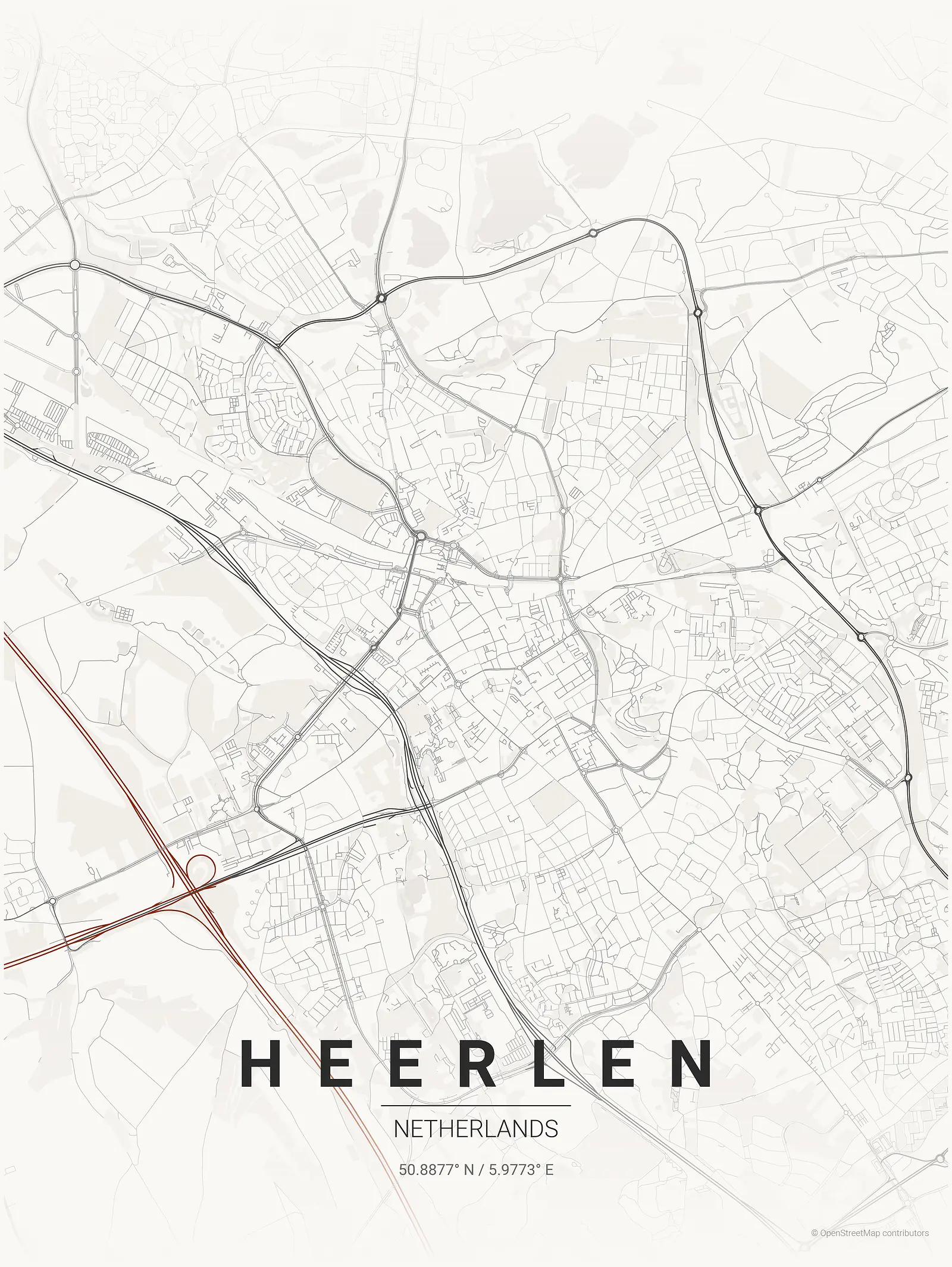 Póster de mapa estilizado de Heerlen en estilo tinta japonesa