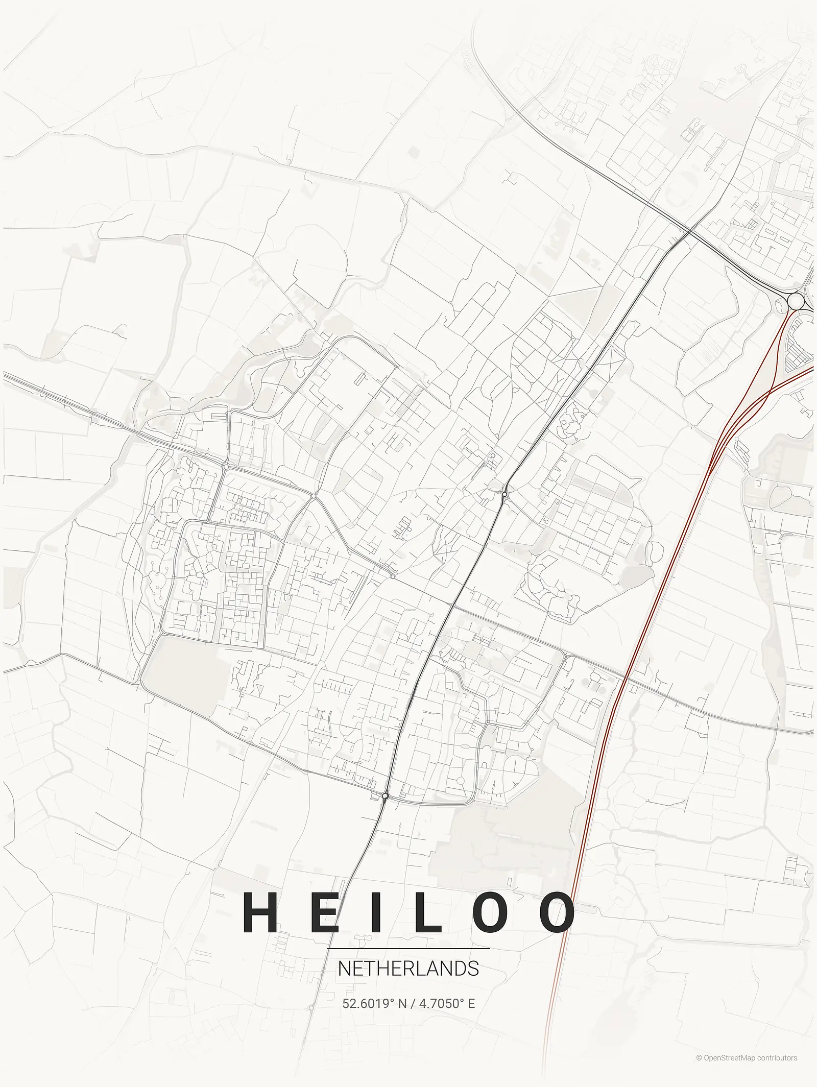 Póster de mapa estilizado de Heiloo en estilo tinta japonesa