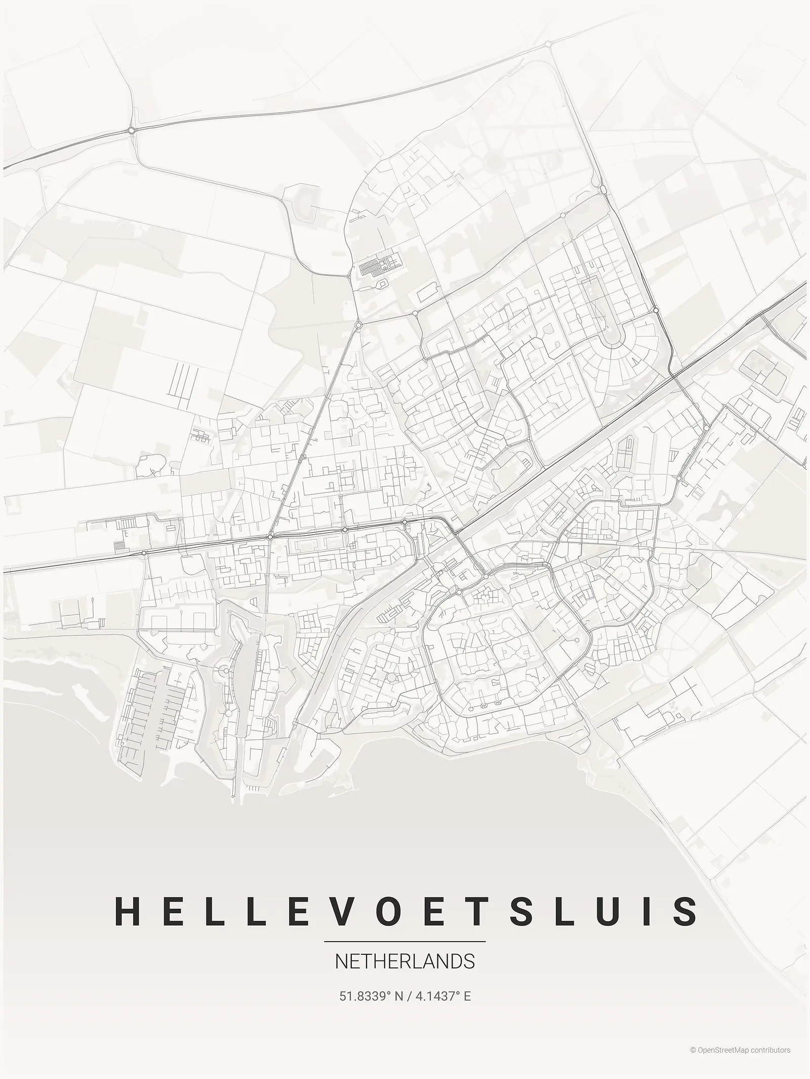 Póster de mapa estilizado de Hellevoetsluis en estilo tinta japonesa