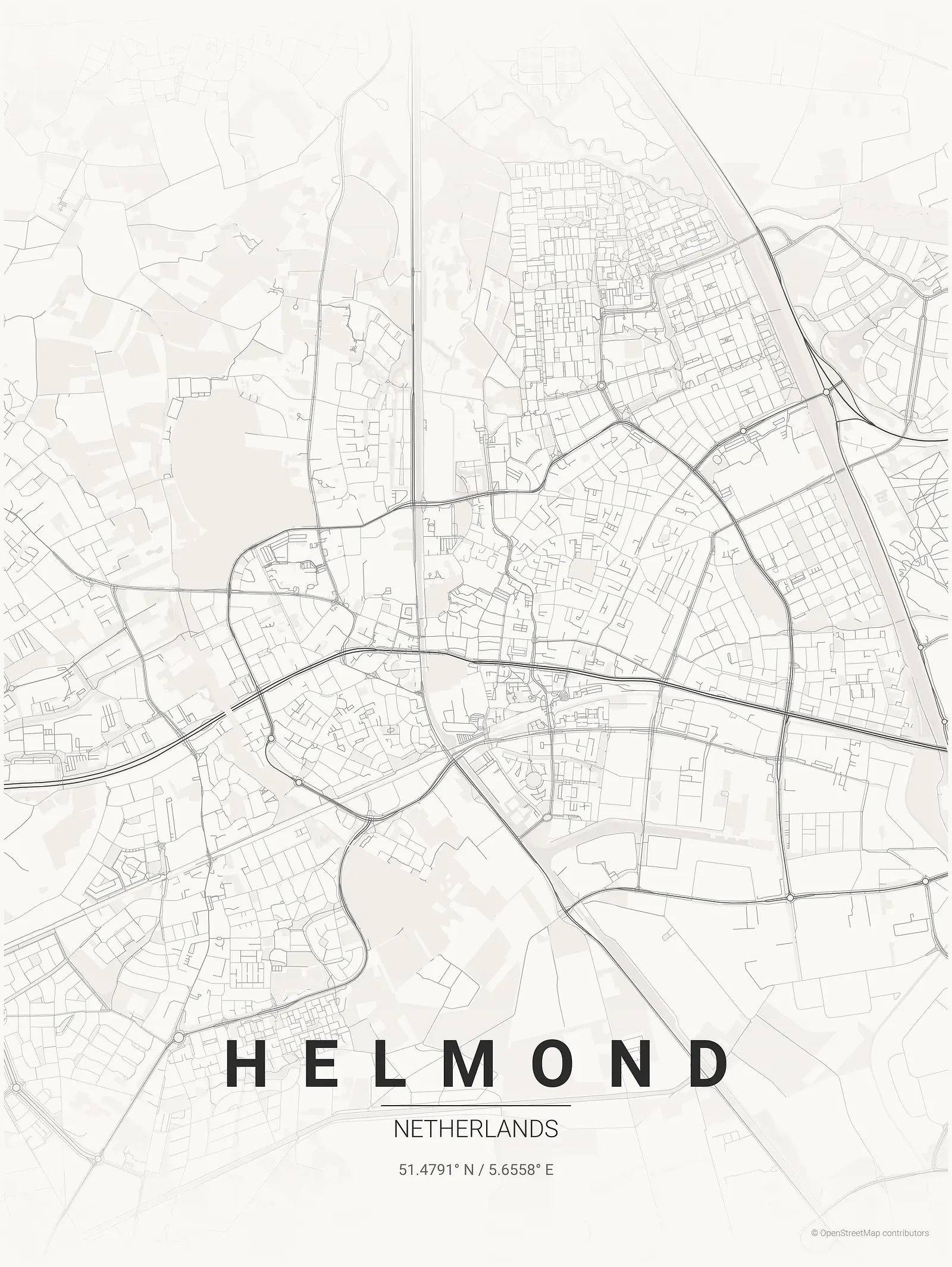Póster de mapa estilizado de Helmond en estilo tinta japonesa