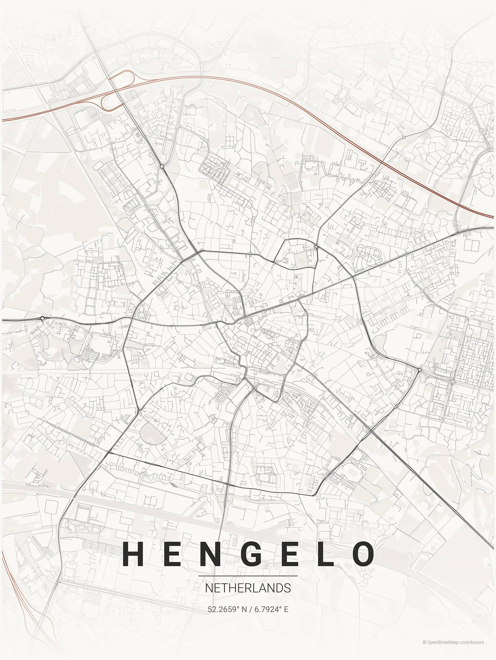 Póster de mapa estilizado de Hengelo en estilo tinta japonesa