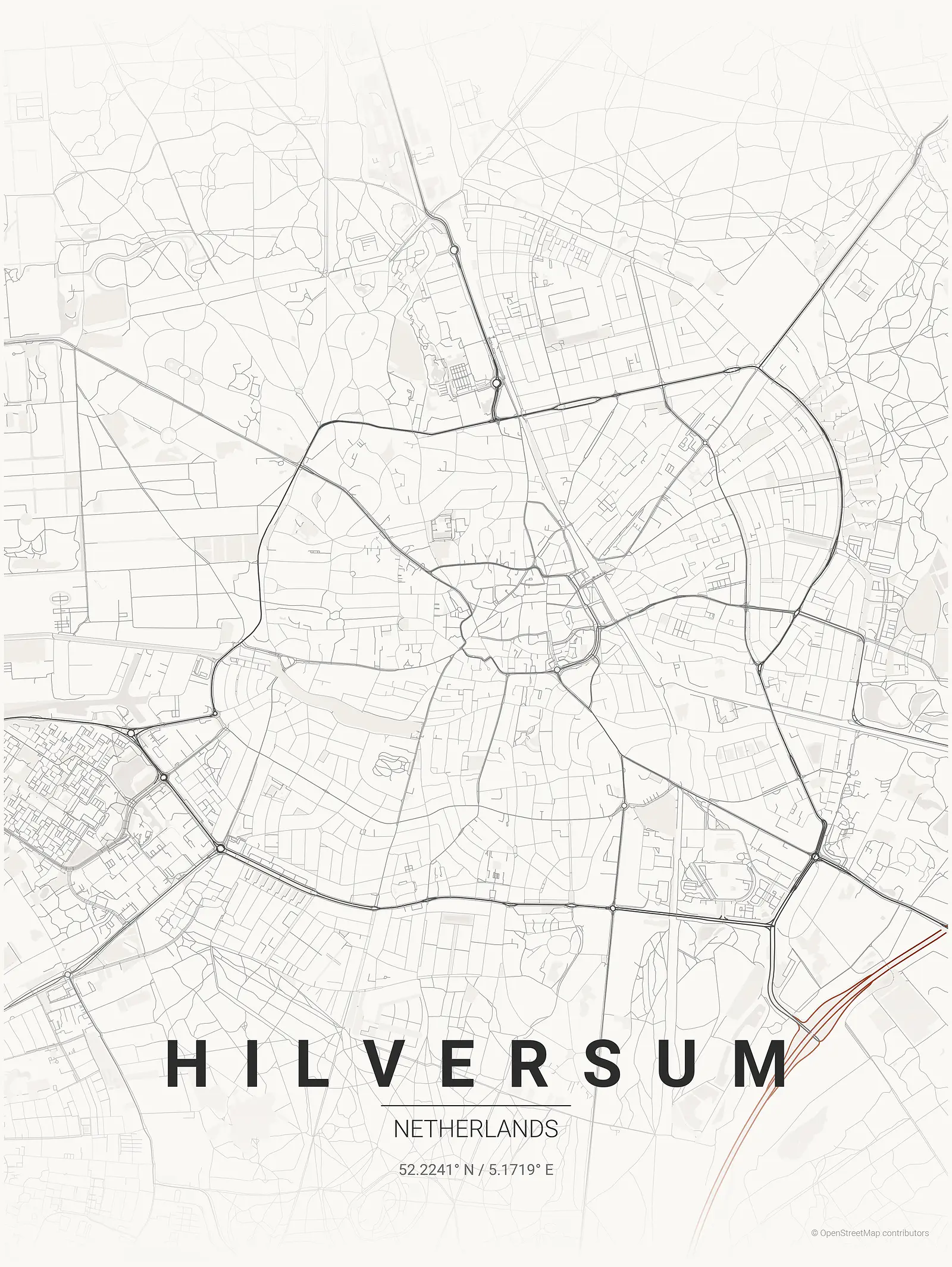 Póster de mapa estilizado de Hilversum en estilo tinta japonesa