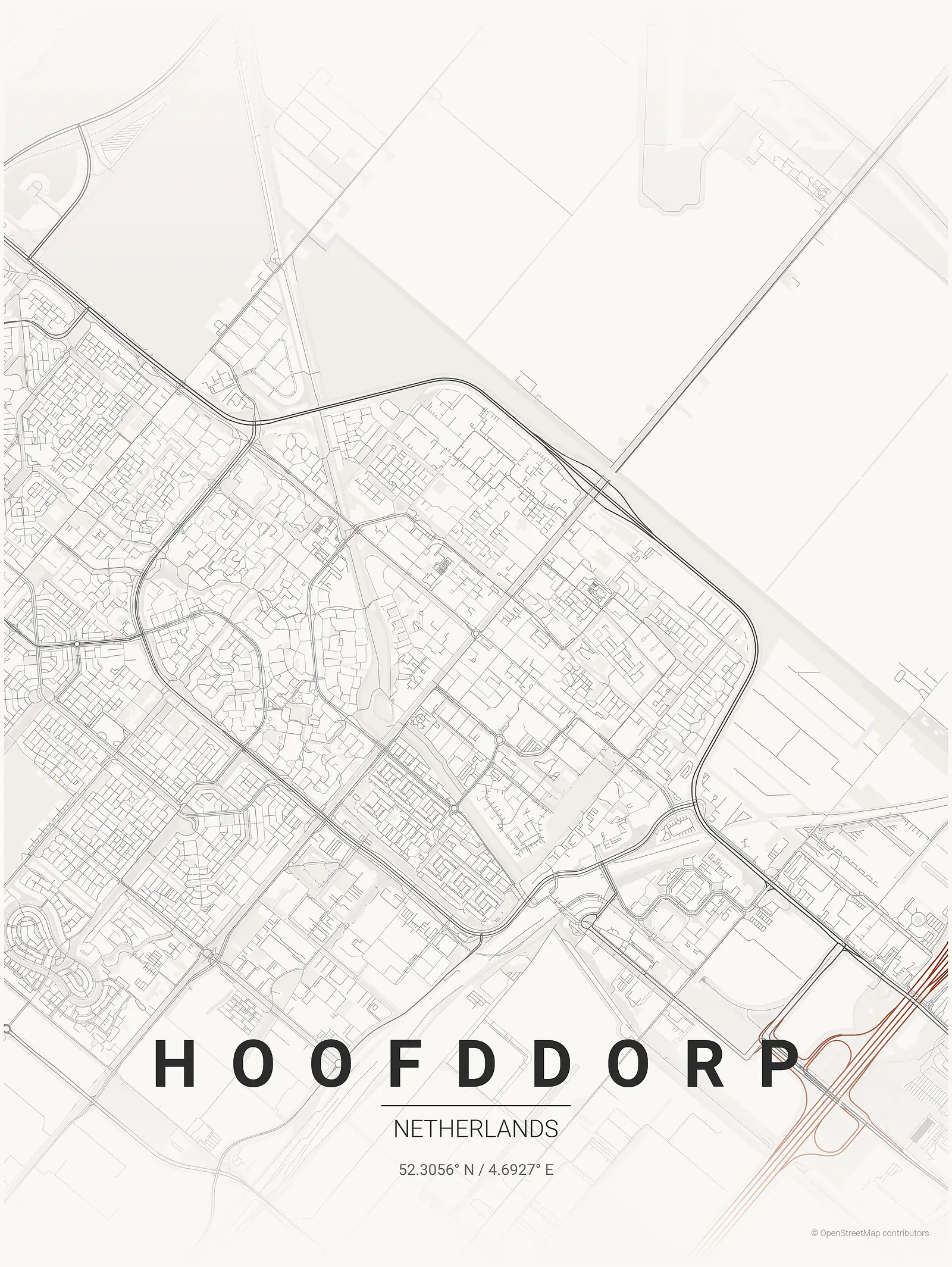 Póster de mapa estilizado de Hoofddorp en estilo tinta japonesa