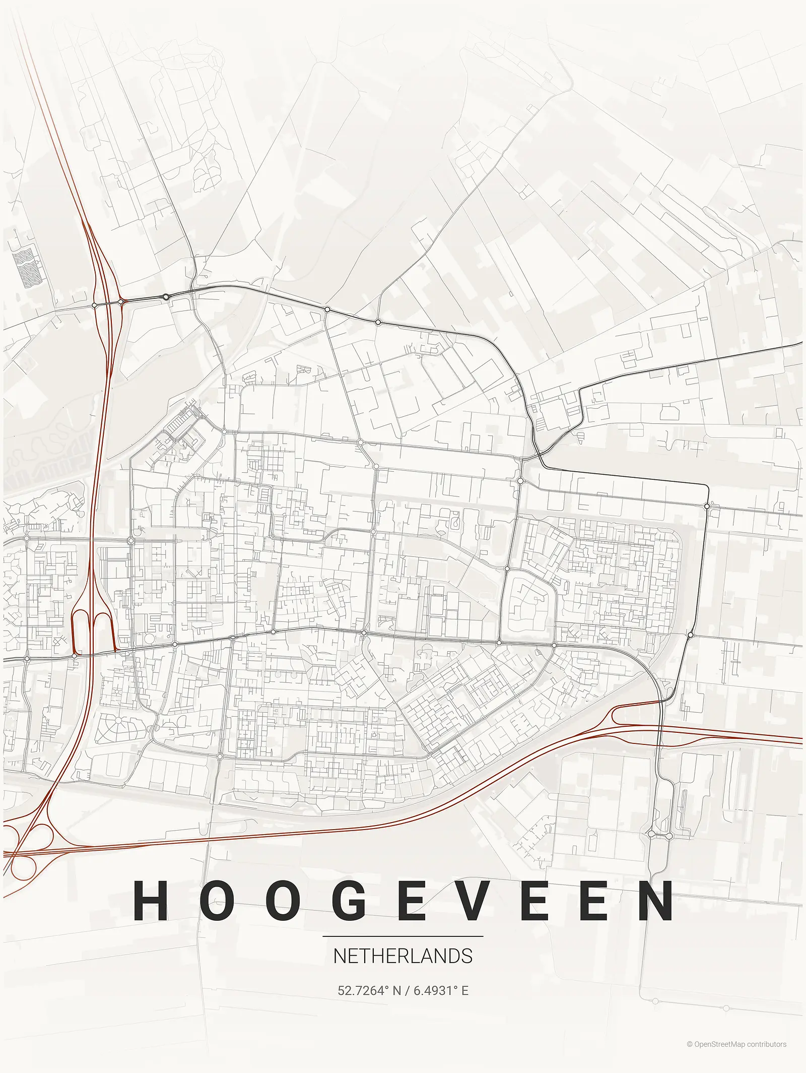 Póster de mapa estilizado de Hoogeveen en estilo tinta japonesa