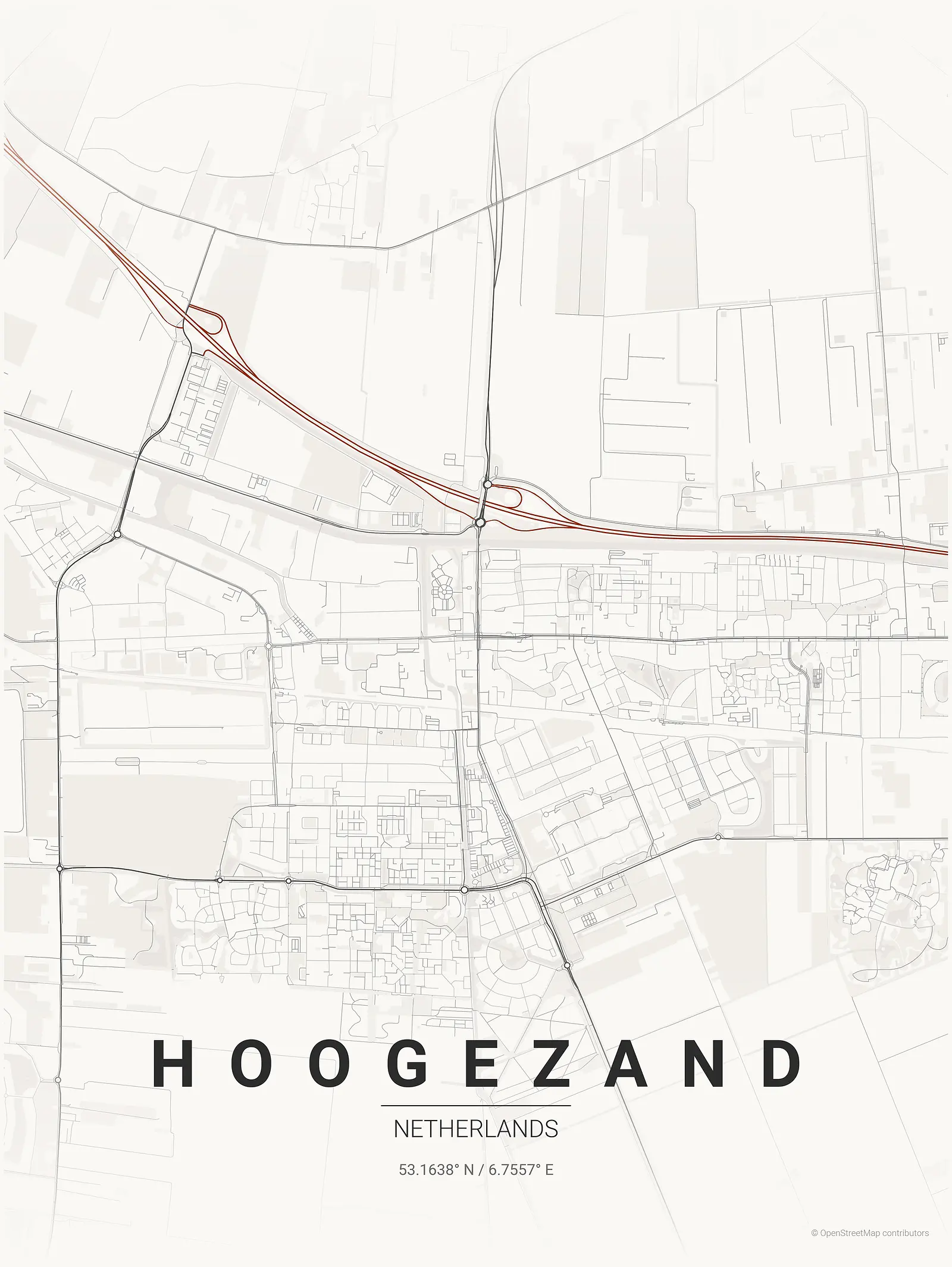 Stylized map poster of Hoogezand in Japanese ink style