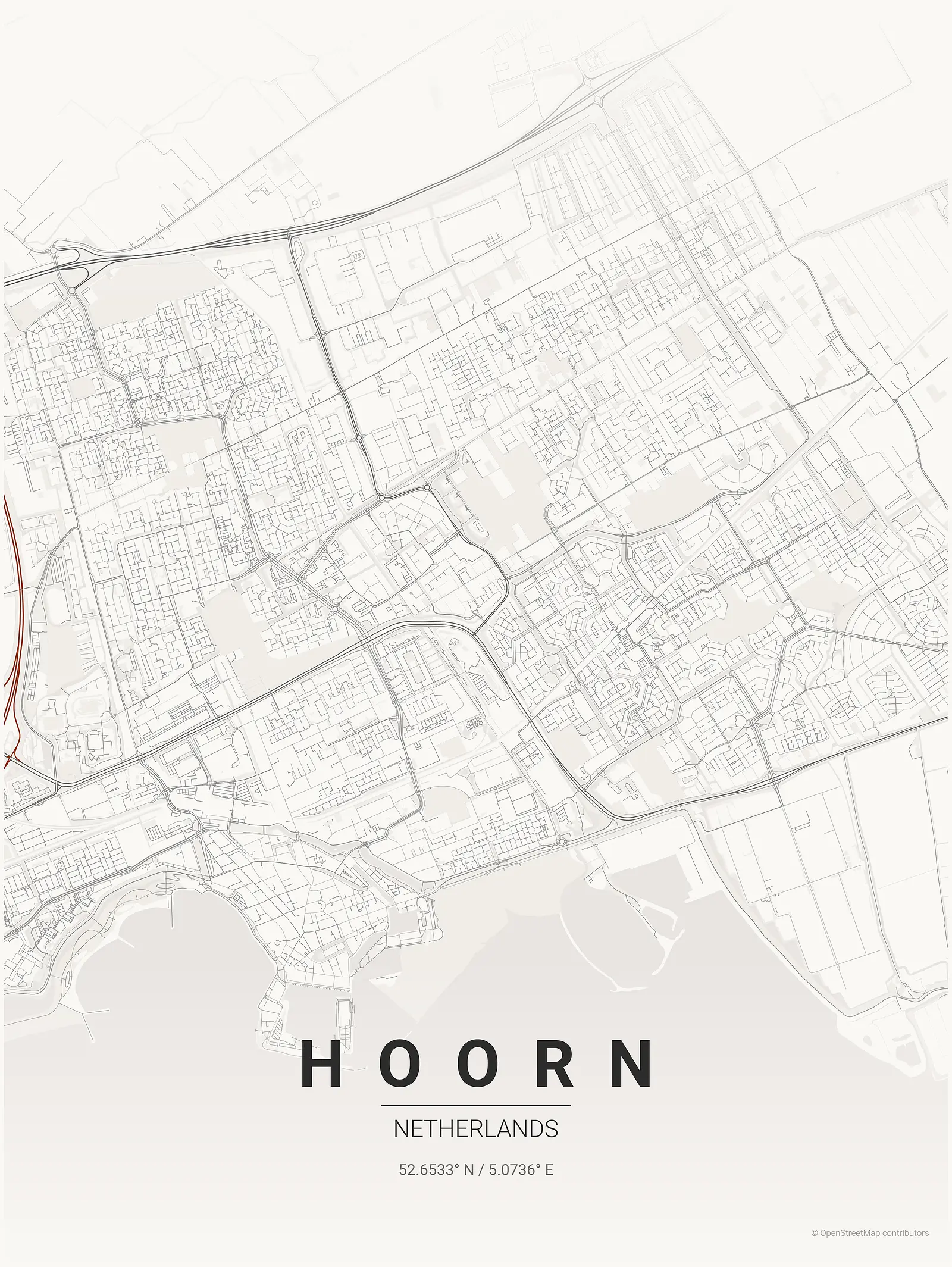 Póster de mapa estilizado de Hoorn en estilo tinta japonesa