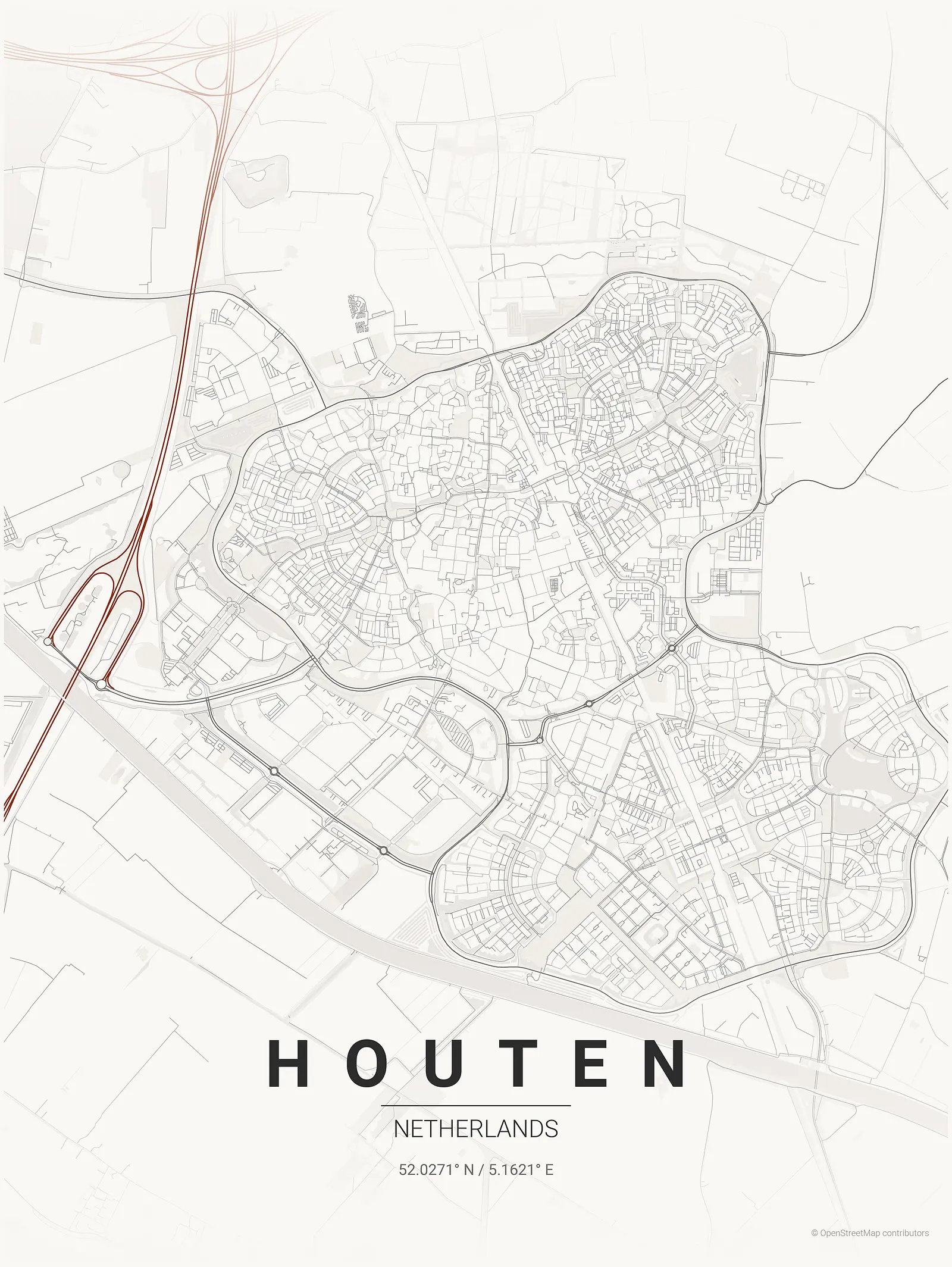Stylized map poster of Houten in Japanese ink style