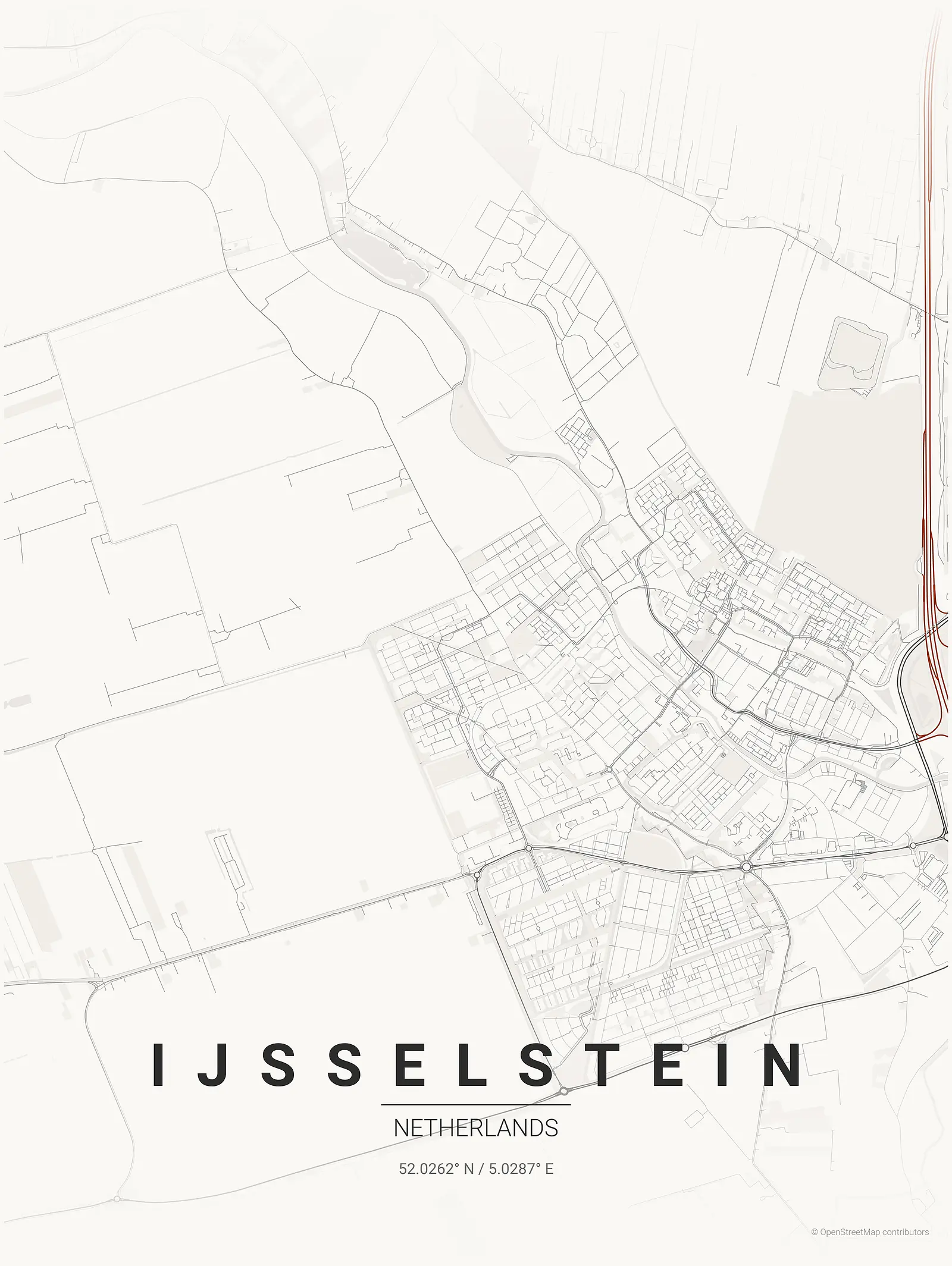 Póster de mapa estilizado de IJsselstein en estilo tinta japonesa