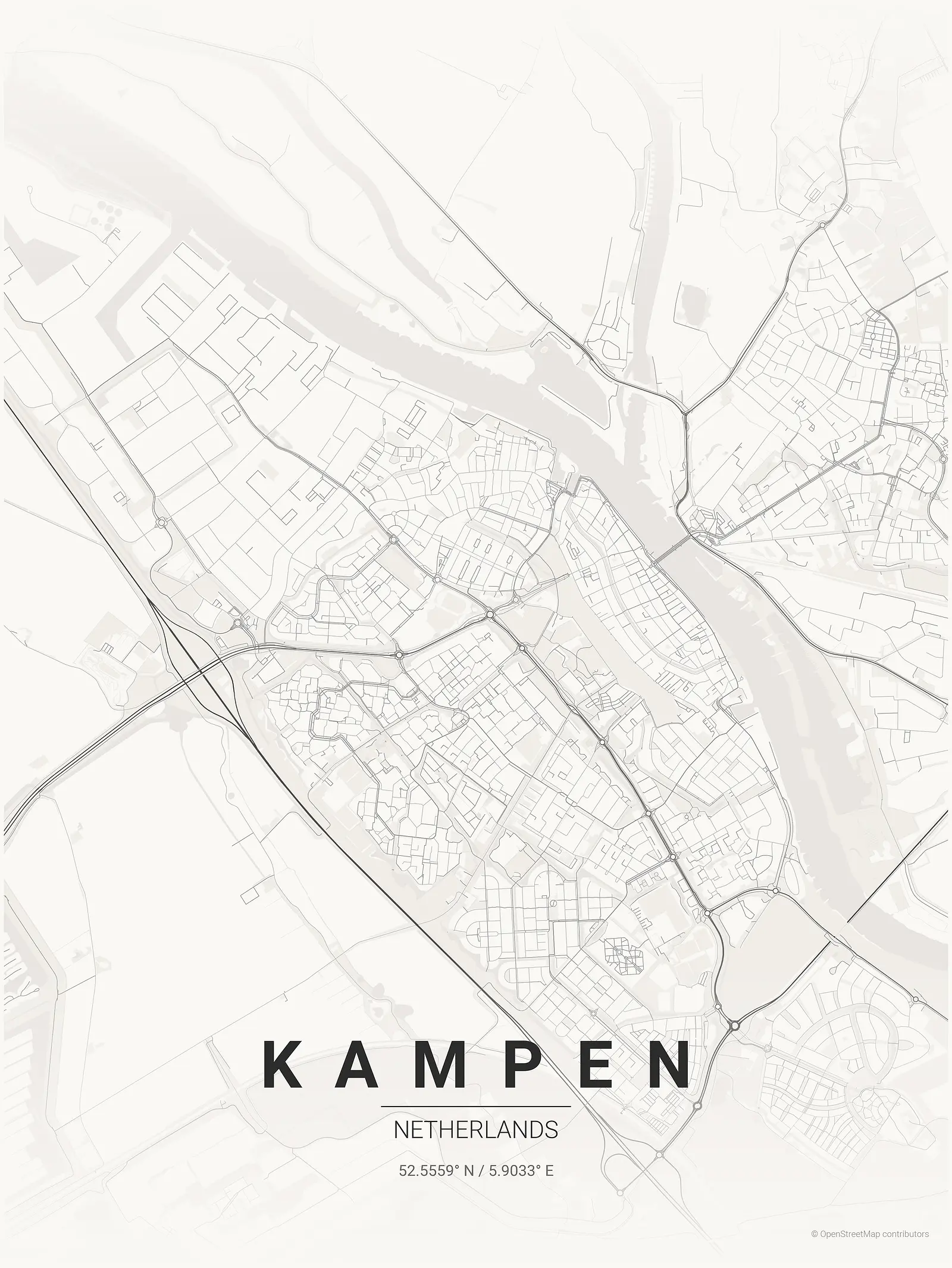 Stylized kaart poster of Kampen in Japanese ink style