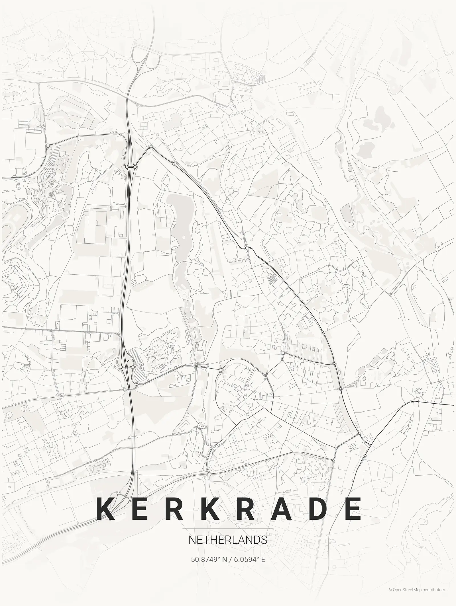 Póster de mapa estilizado de Kerkrade en estilo tinta japonesa