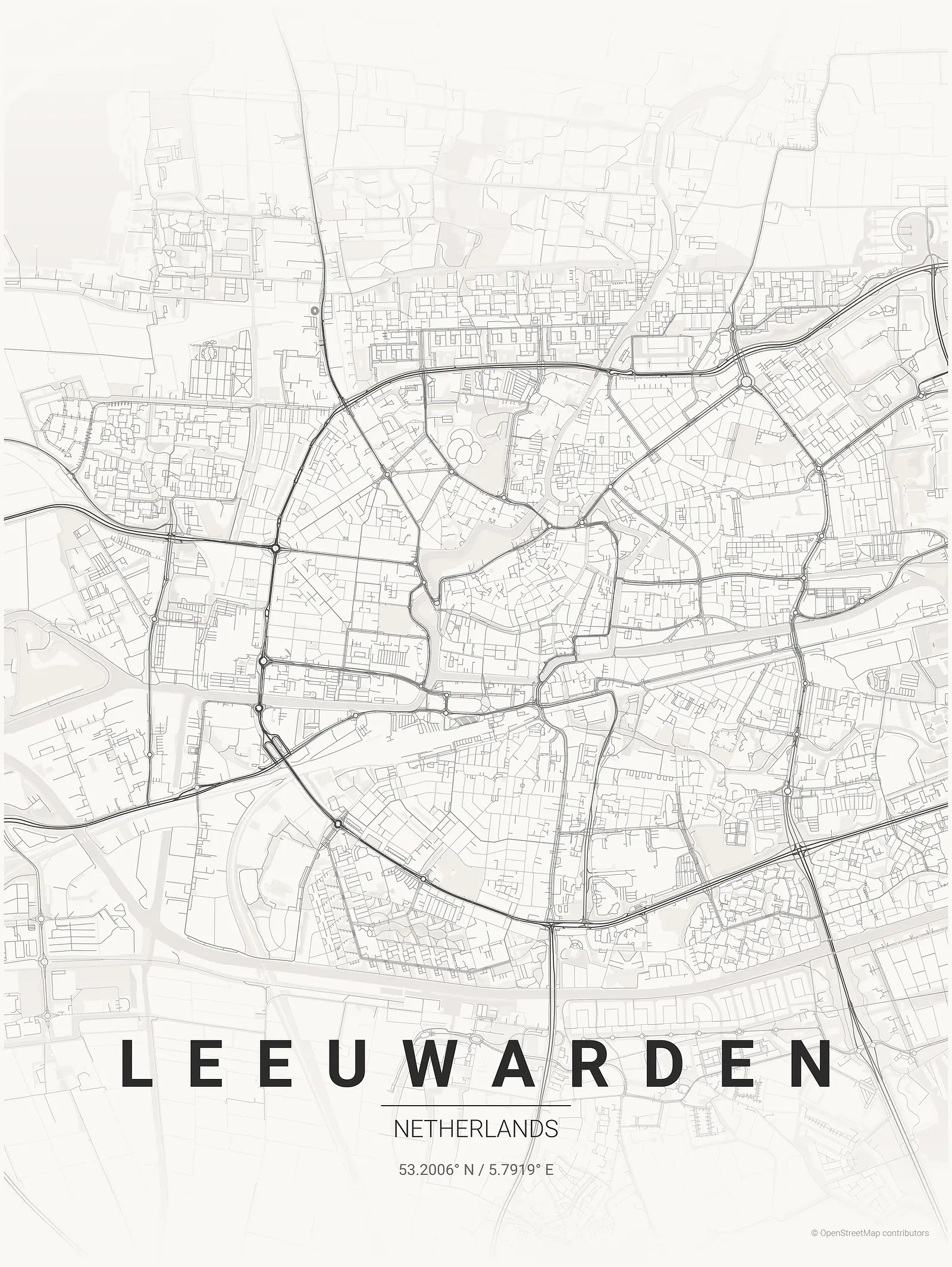 Póster de mapa estilizado de Leeuwarden en estilo tinta japonesa