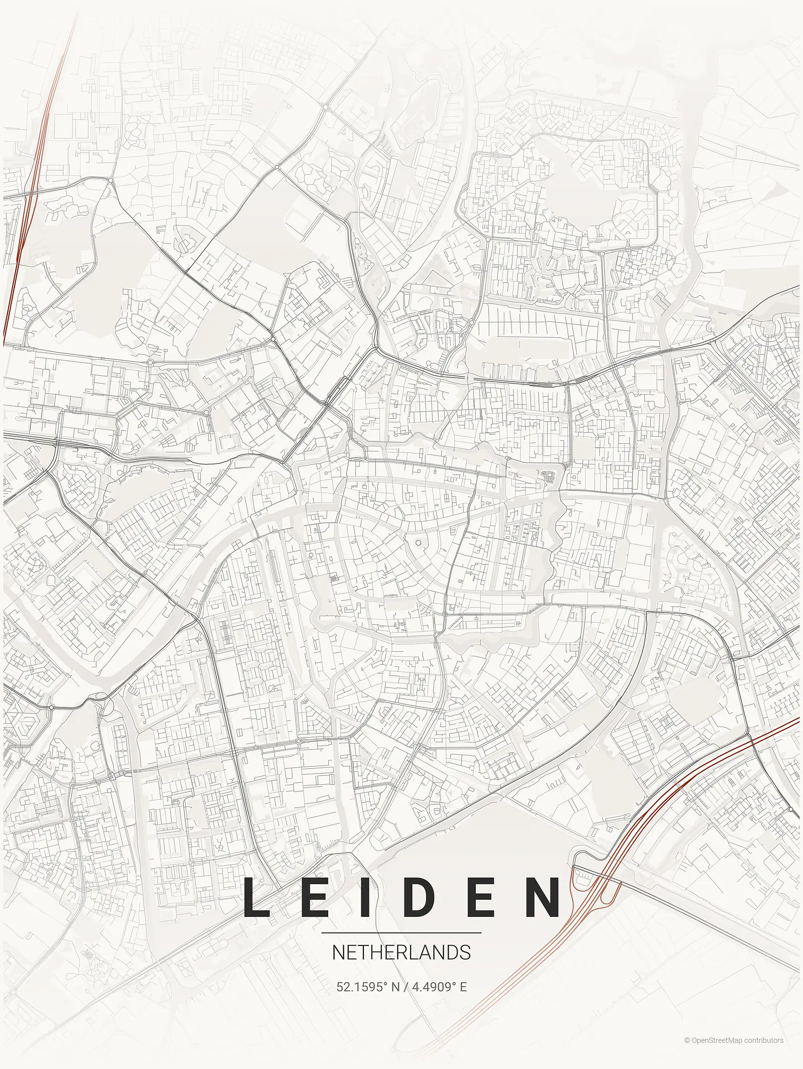 Stylized map poster of Leiden in Japanese ink style