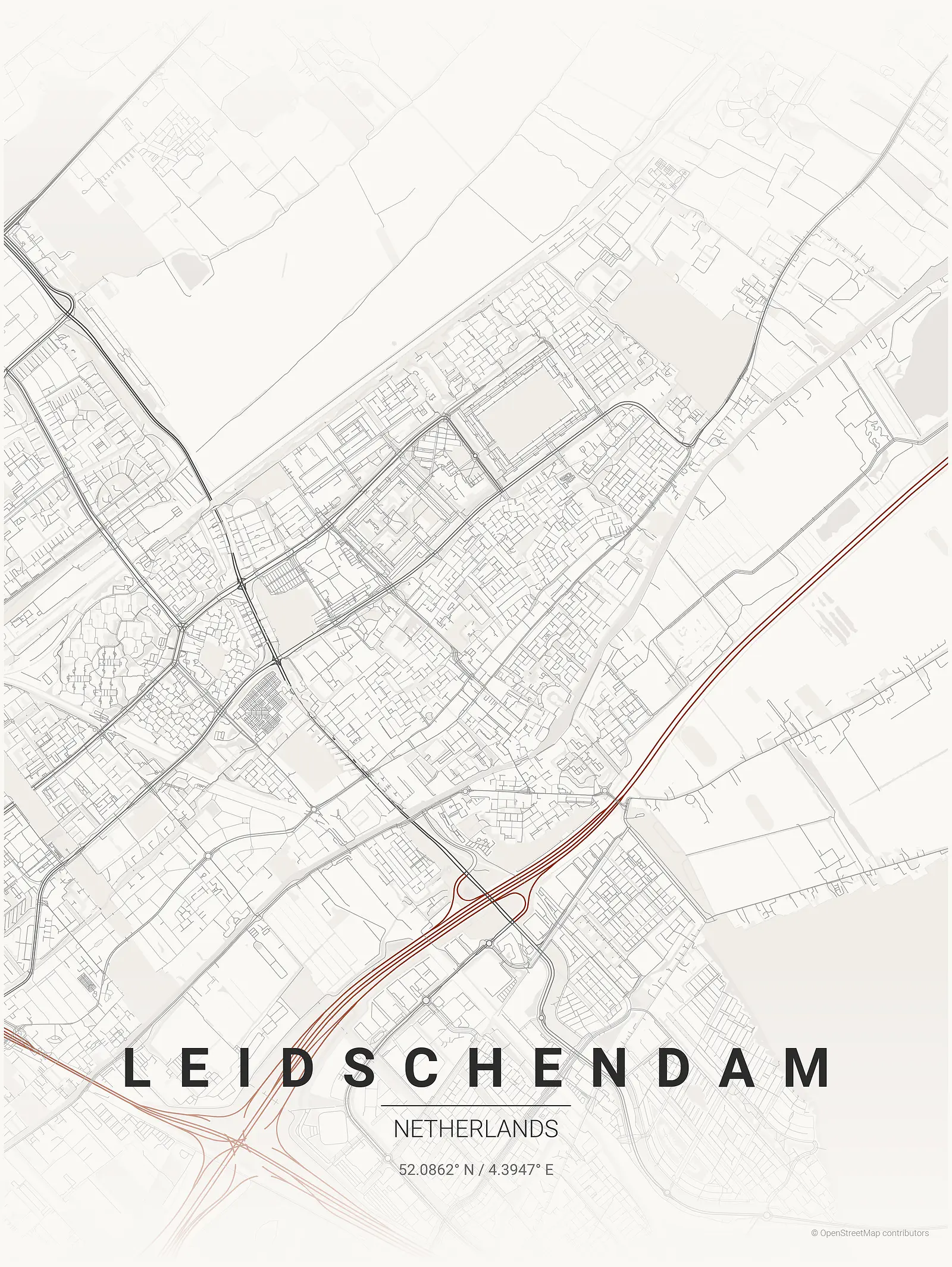 Póster de mapa estilizado de Leidschendam en estilo tinta japonesa