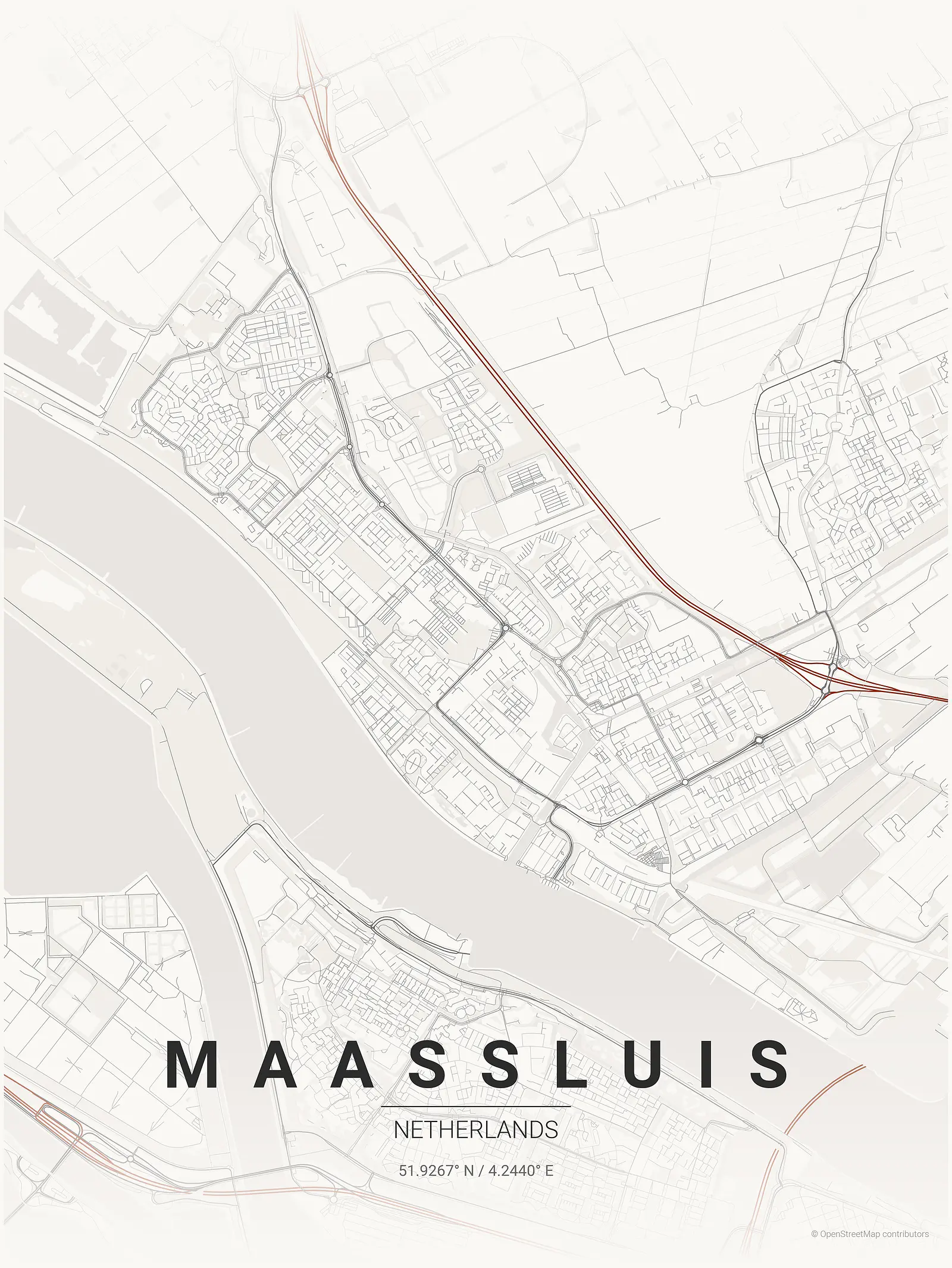 Póster de mapa estilizado de Maassluis en estilo tinta japonesa