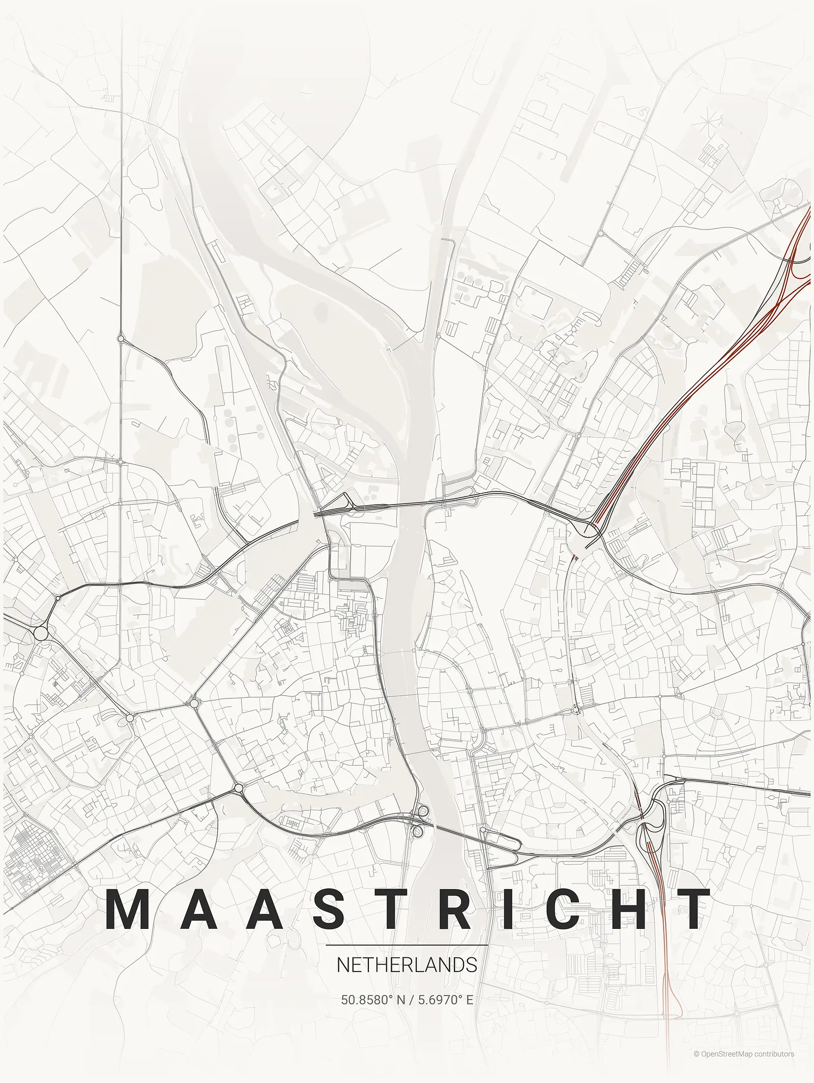 Póster de mapa estilizado de Maastricht en estilo tinta japonesa