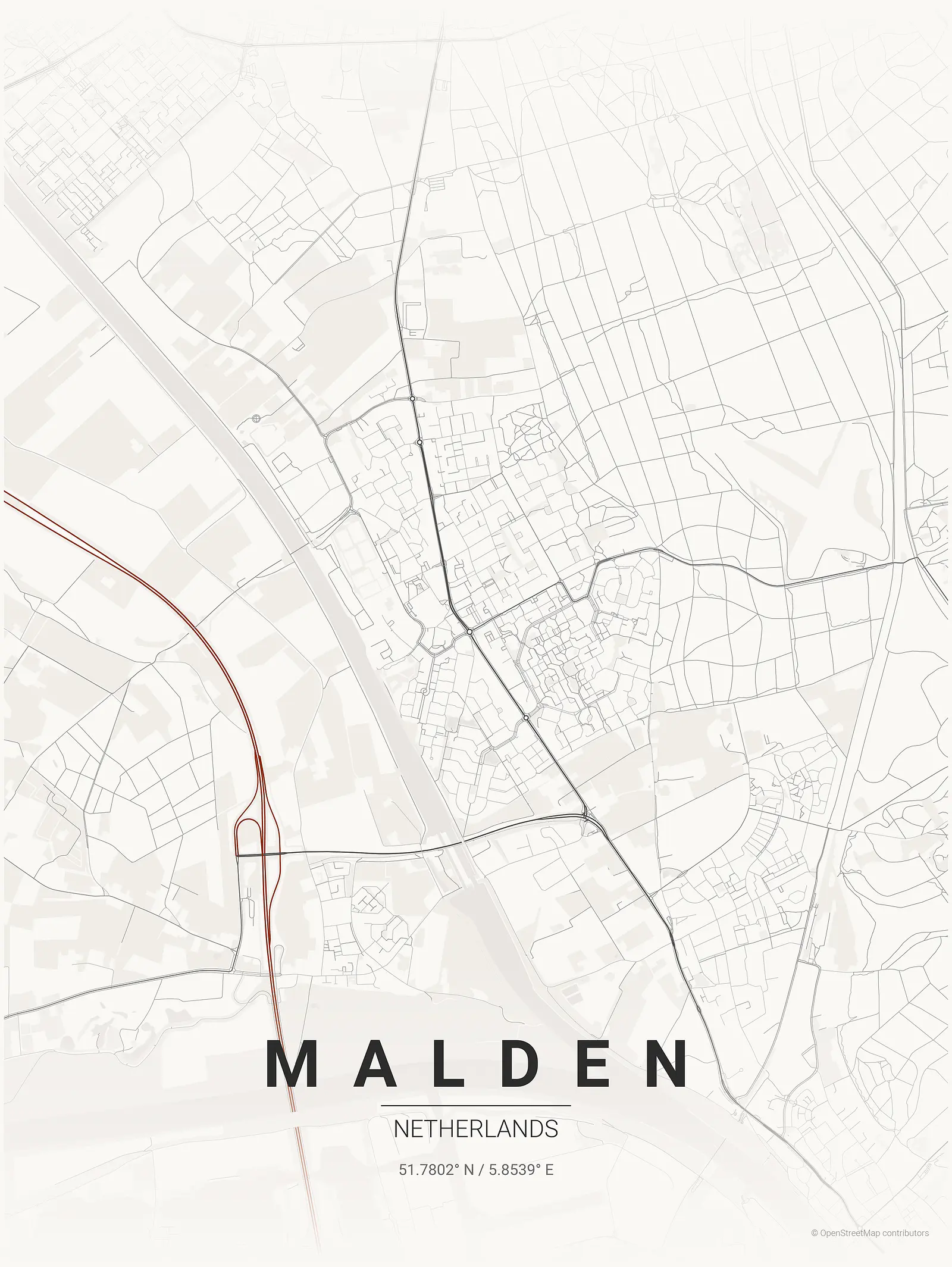 Stylized map poster of Malden in Japanese ink style