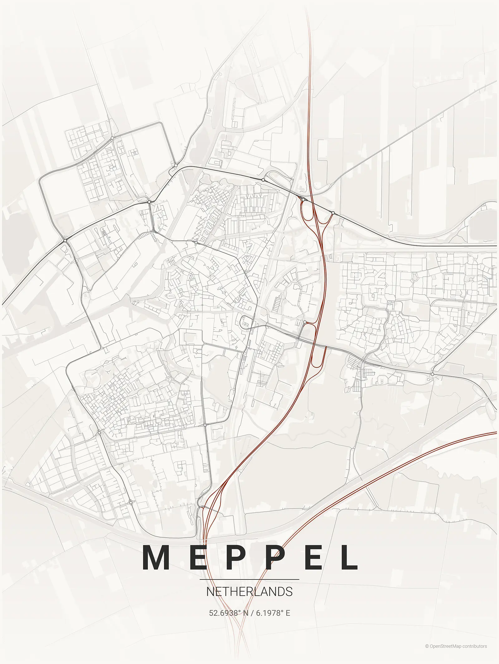 Stylized kaart poster of Meppel in Japanese ink style