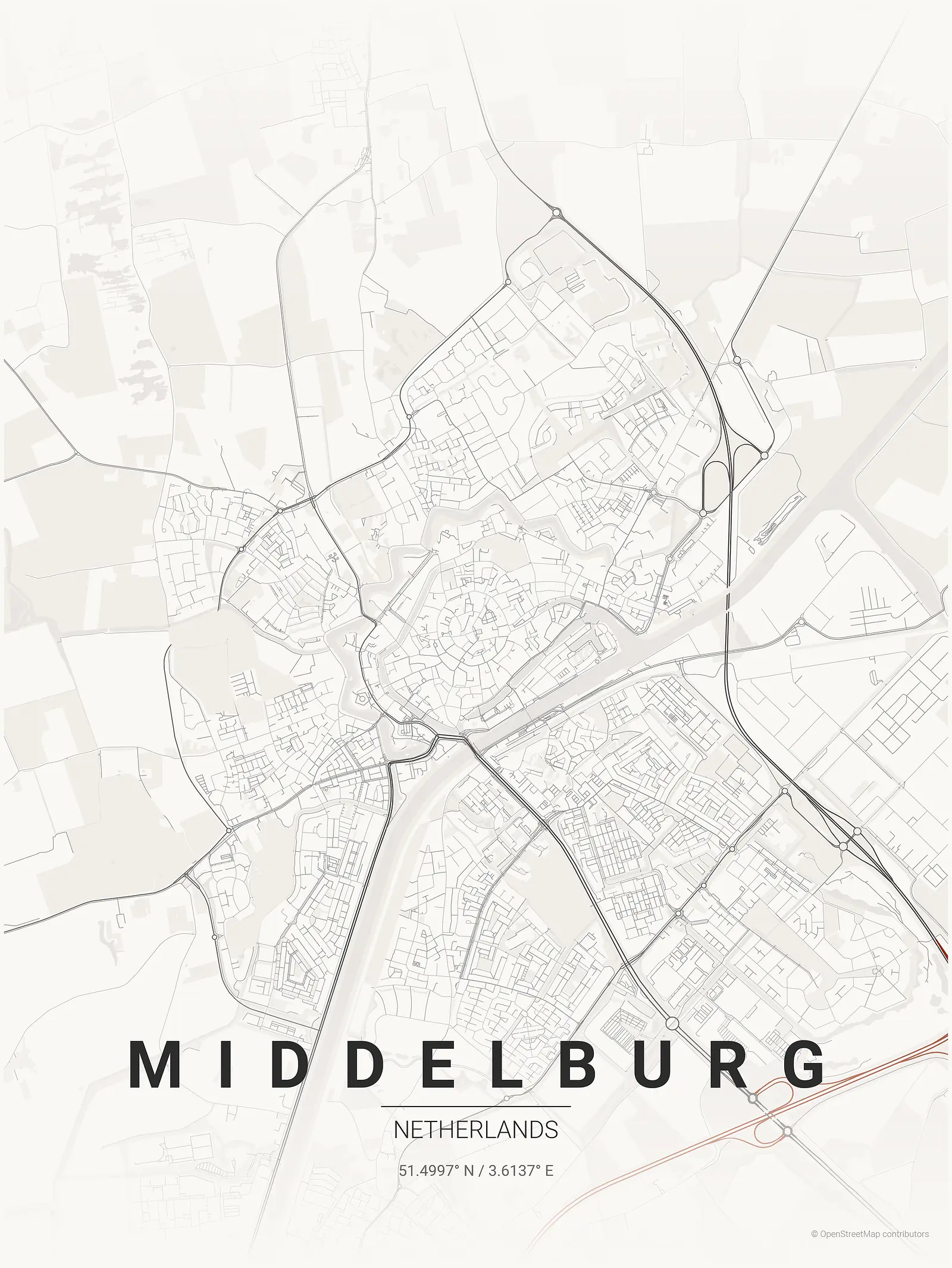 Stylized map poster of Middelburg in Japanese ink style