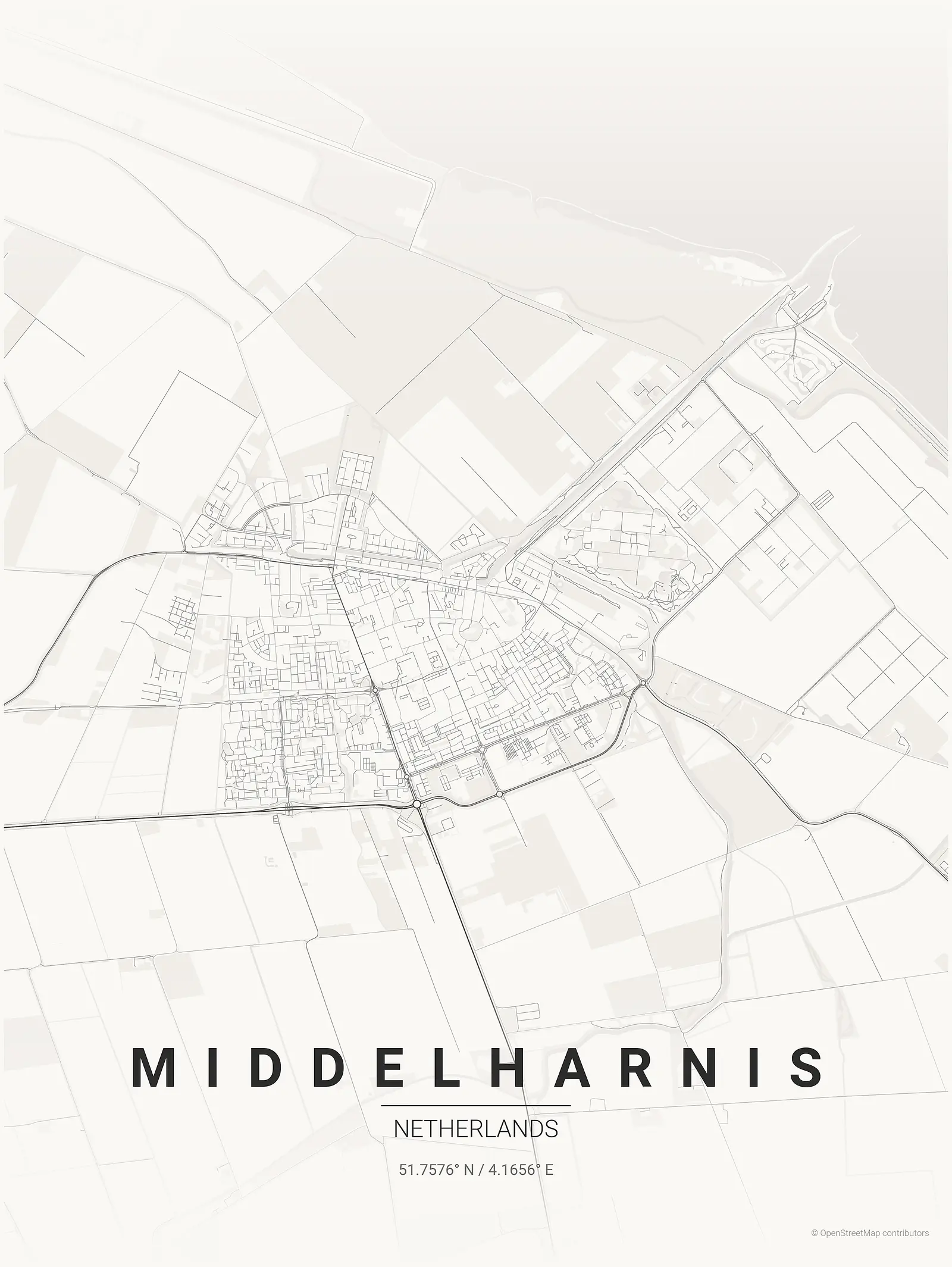 Póster de mapa estilizado de Middelharnis en estilo tinta japonesa