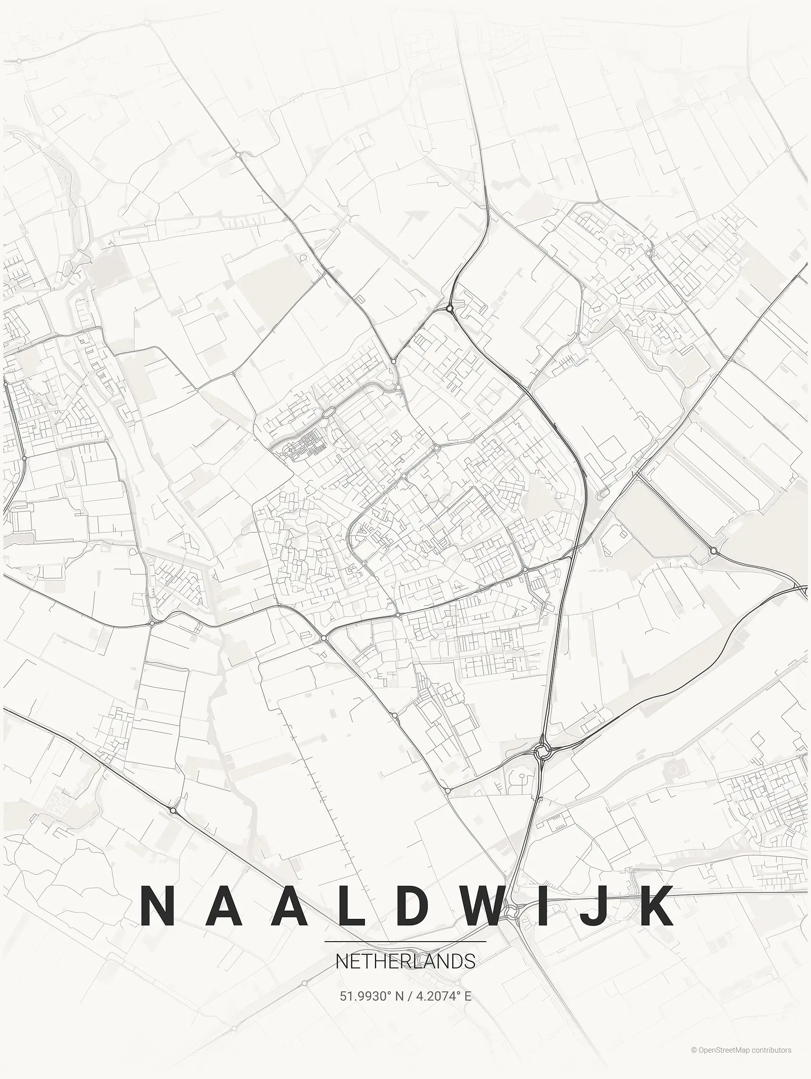 Póster de mapa estilizado de Naaldwijk en estilo tinta japonesa