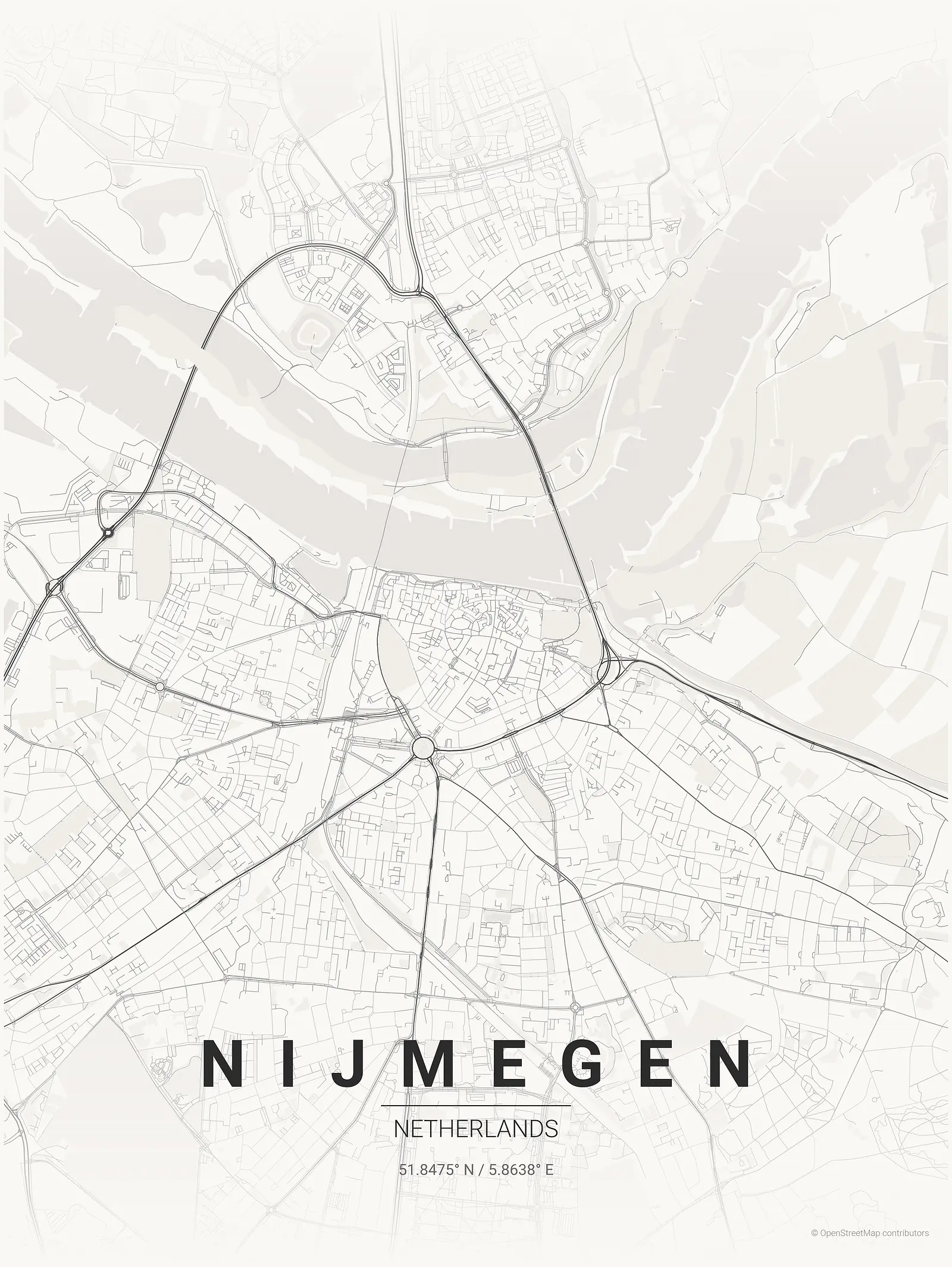 Stylized map poster of Nijmegen in Japanese ink style