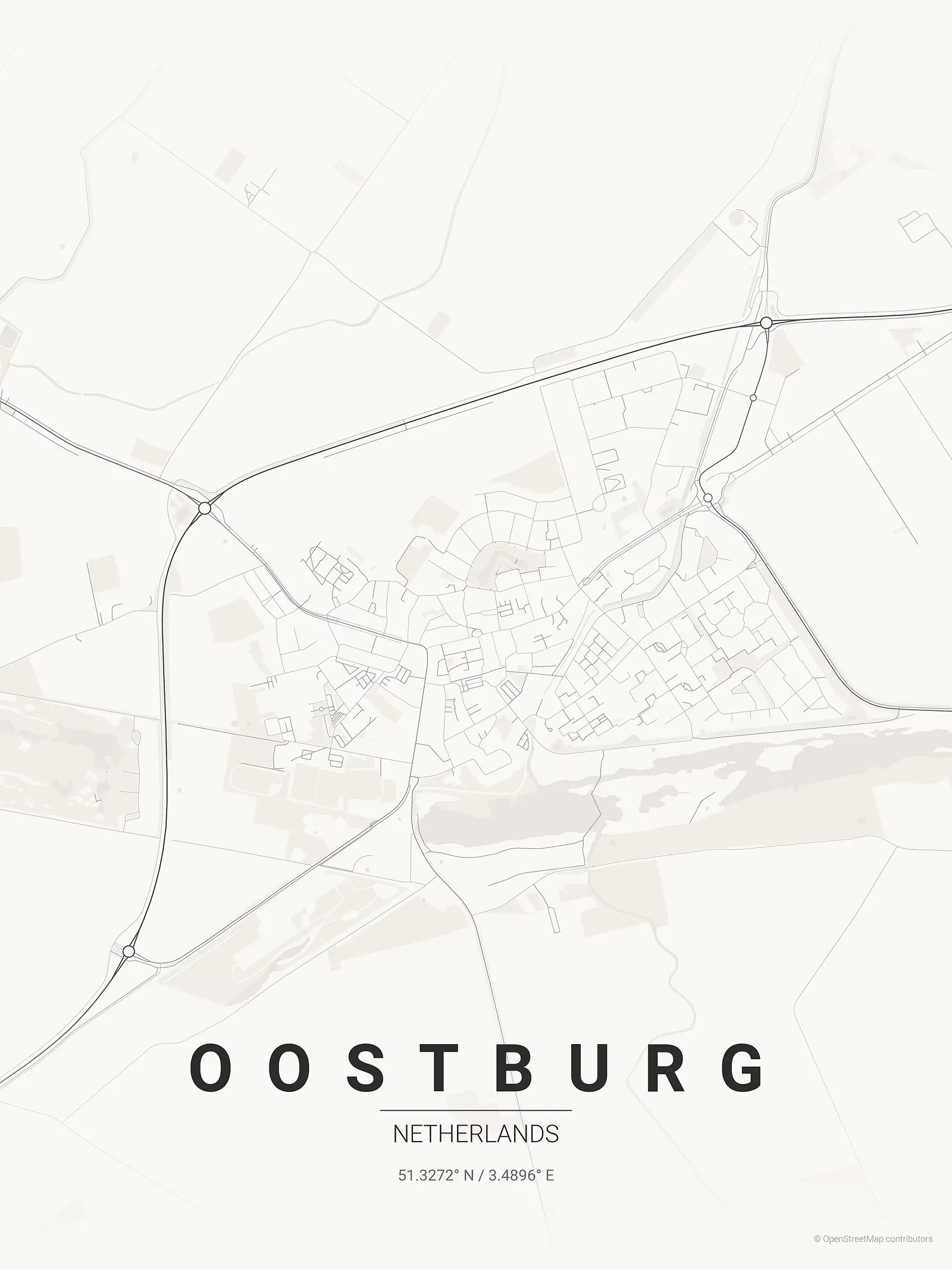 Stylized kaart poster of Oostburg in Japanese ink style