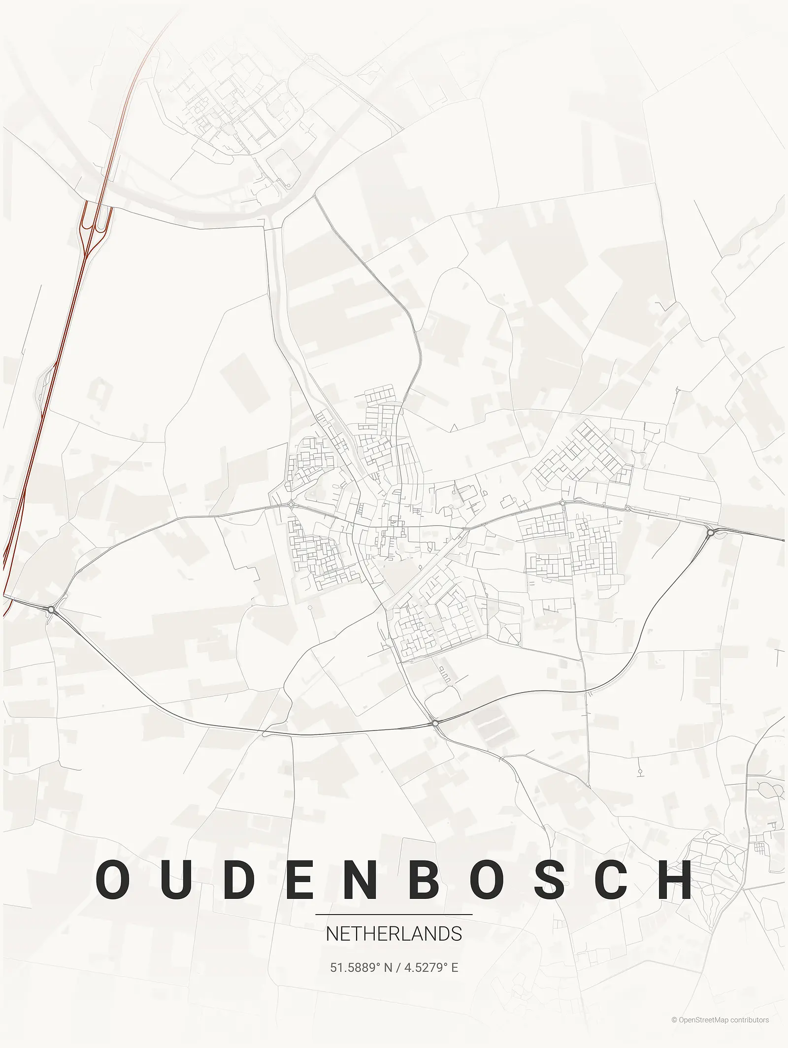 Stylized map poster of Oudenbosch in Japanese ink style