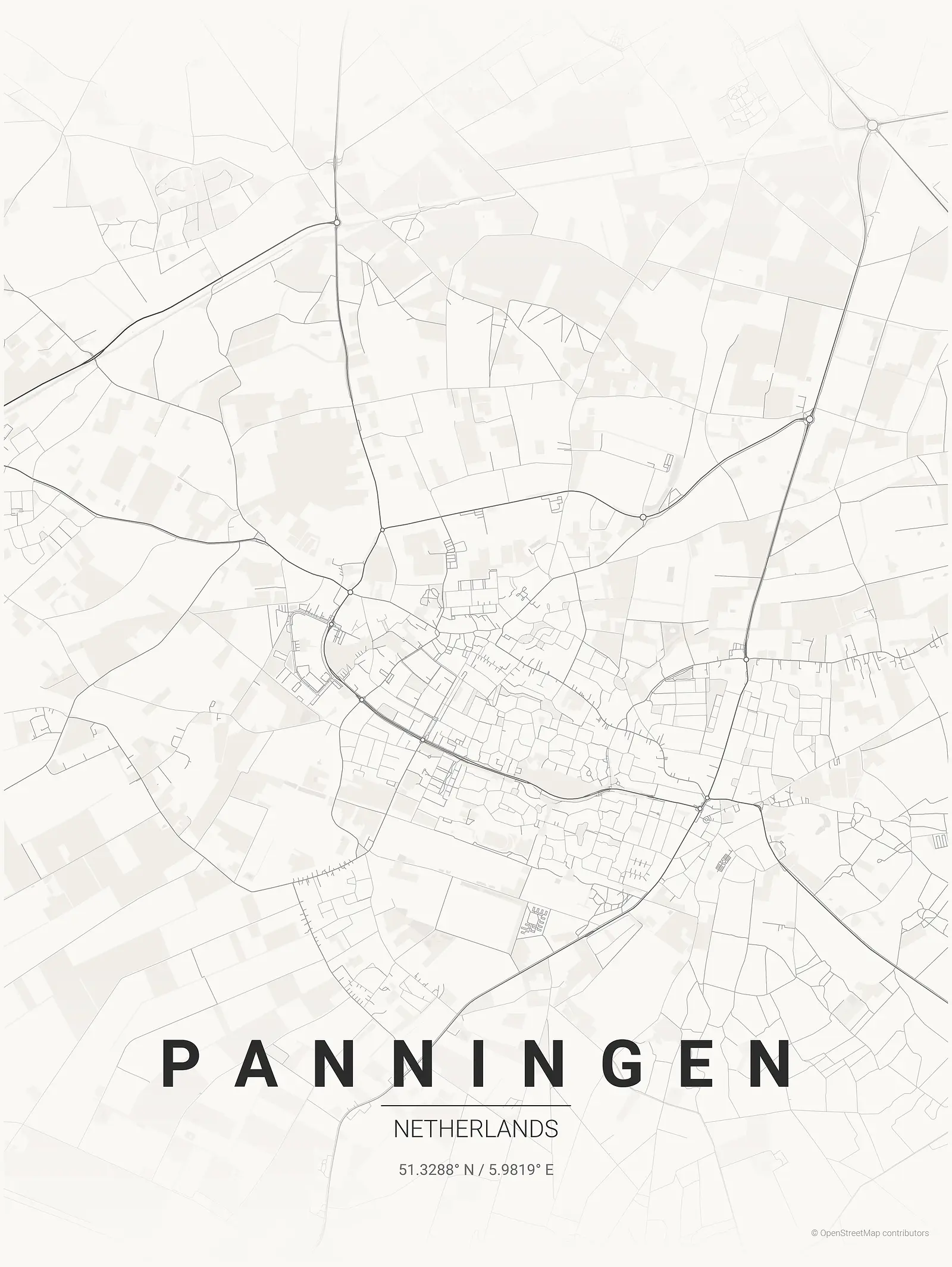 Póster de mapa estilizado de Panningen en estilo tinta japonesa