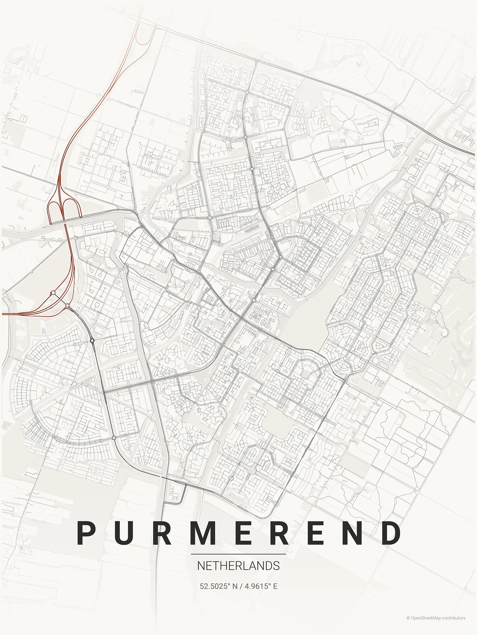 Póster de mapa estilizado de Purmerend en estilo tinta japonesa