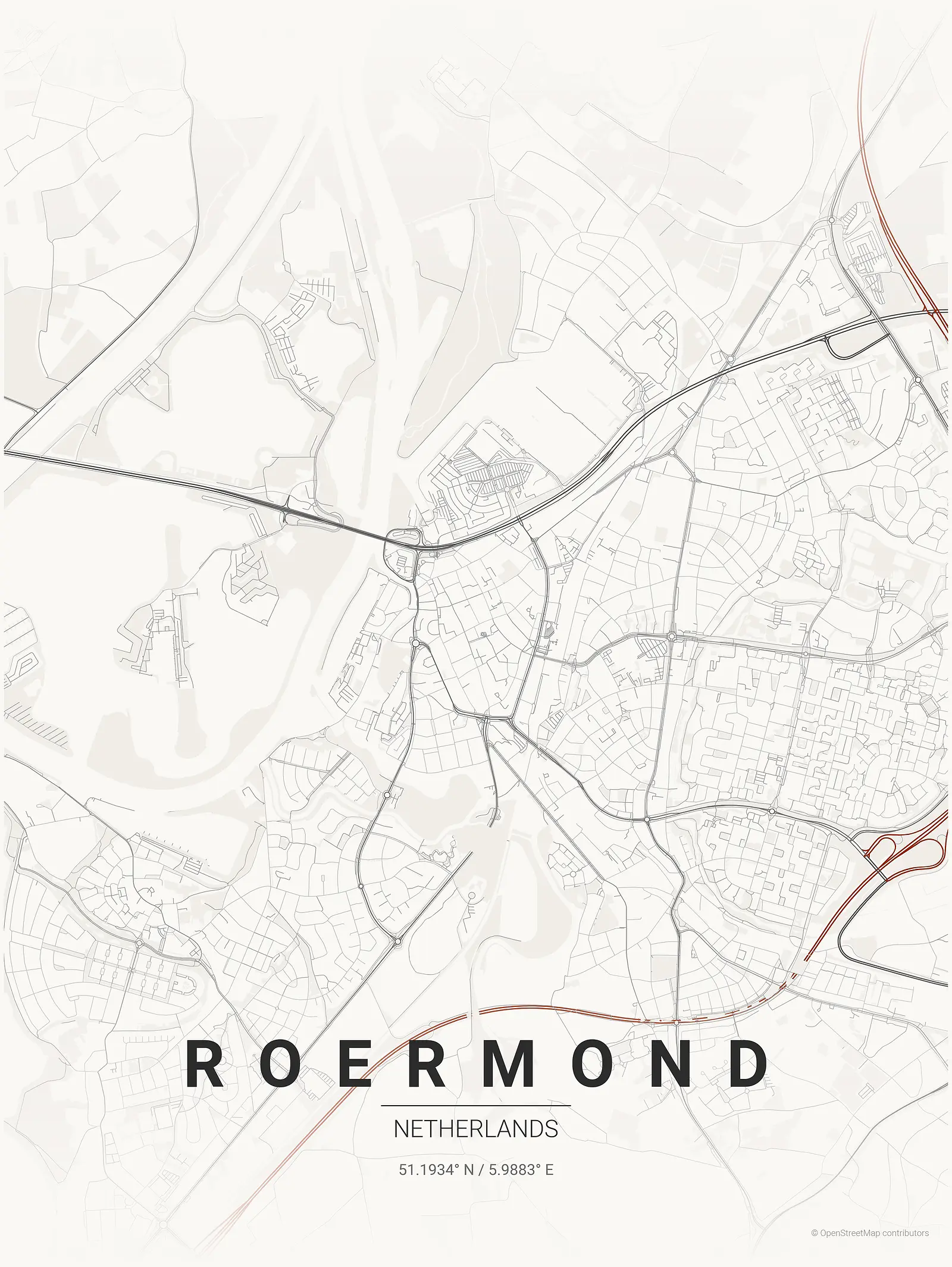 Stylized kaart poster of Roermond in Japanese ink style