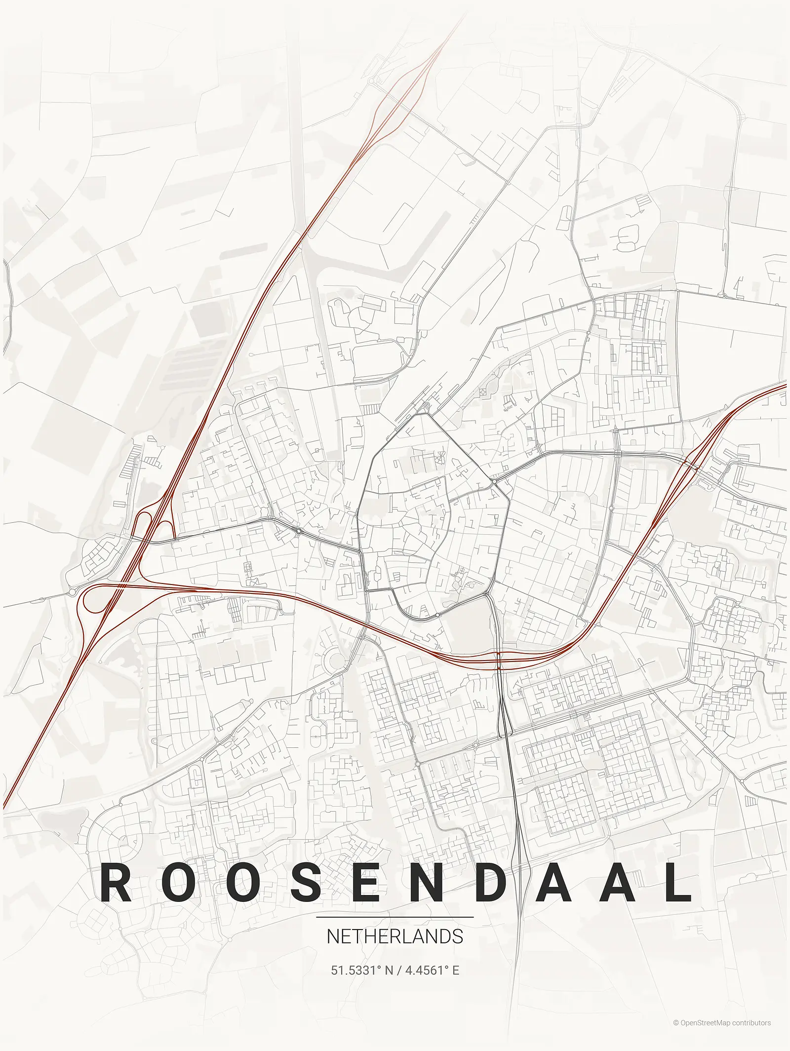 Póster de mapa estilizado de Roosendaal en estilo tinta japonesa