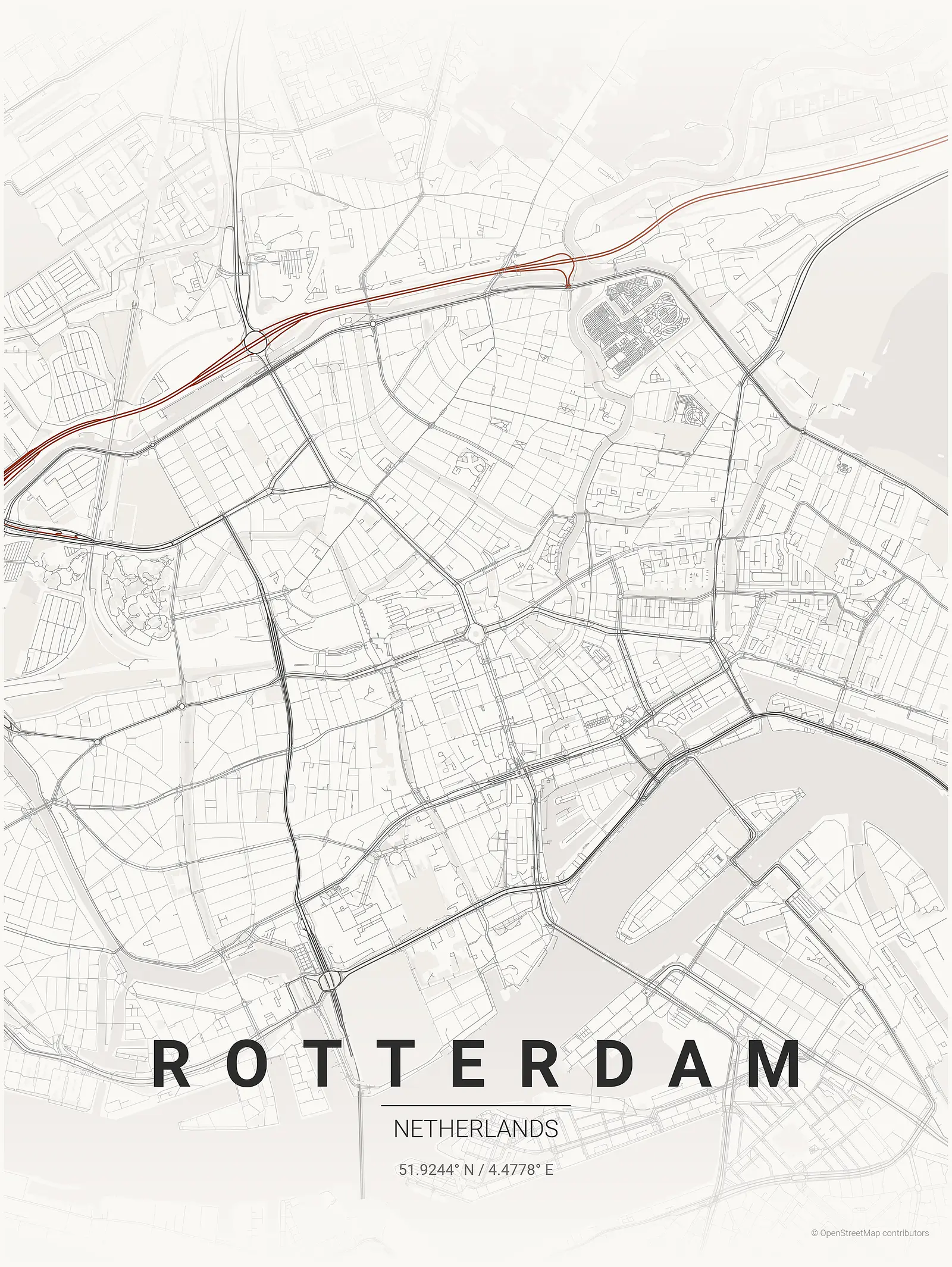 Stylized map poster of Rotterdam in Japanese ink style