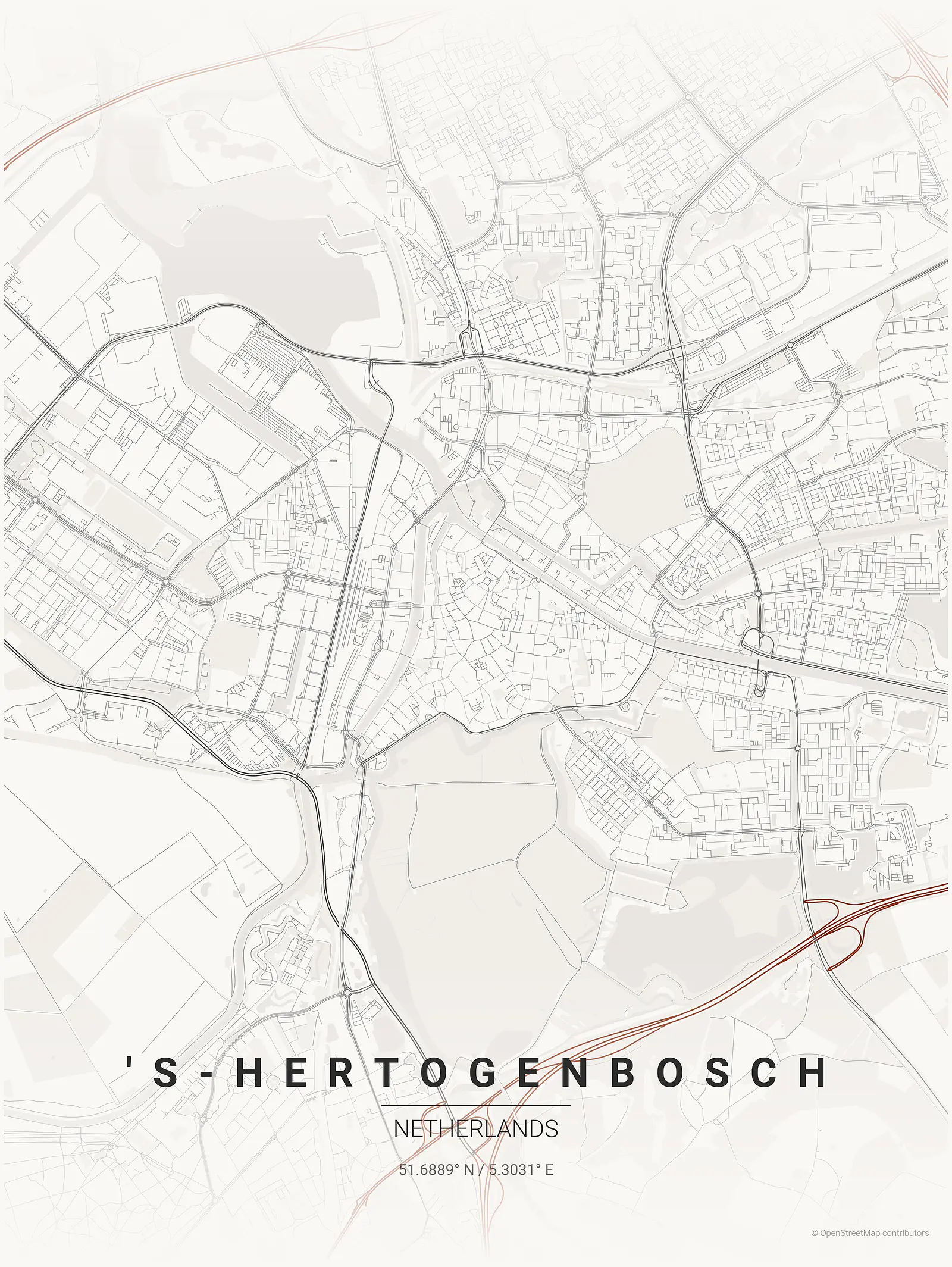 Póster de mapa estilizado de 's-Hertogenbosch en estilo tinta japonesa