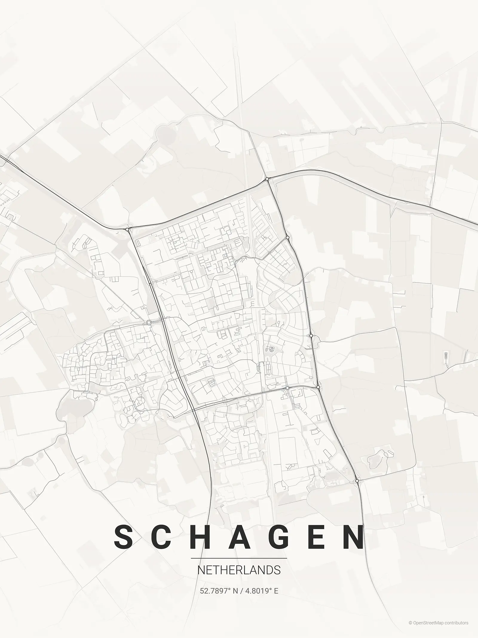 Póster de mapa estilizado de Schagen en estilo tinta japonesa