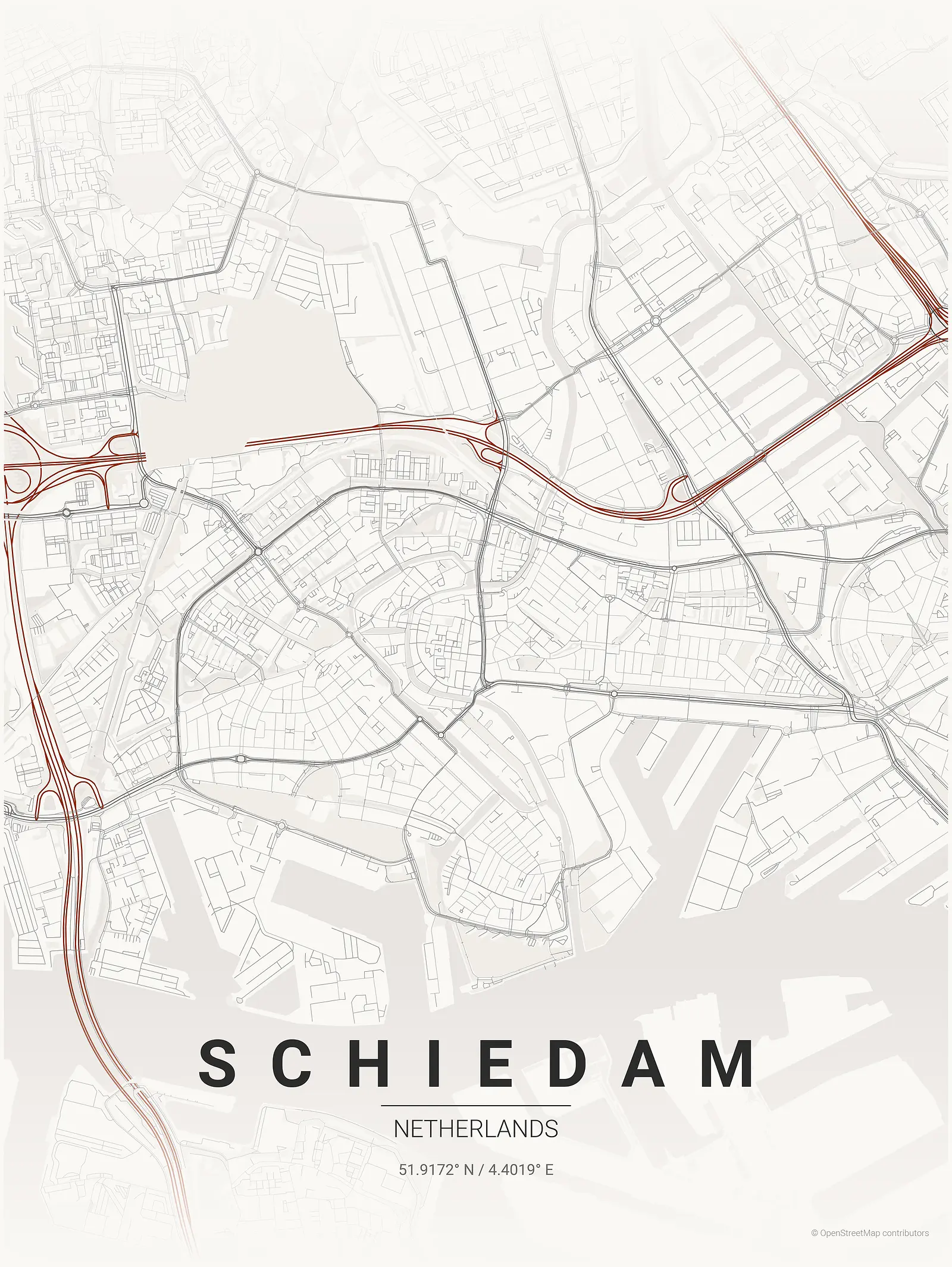 Stylized map poster of Schiedam in Japanese ink style